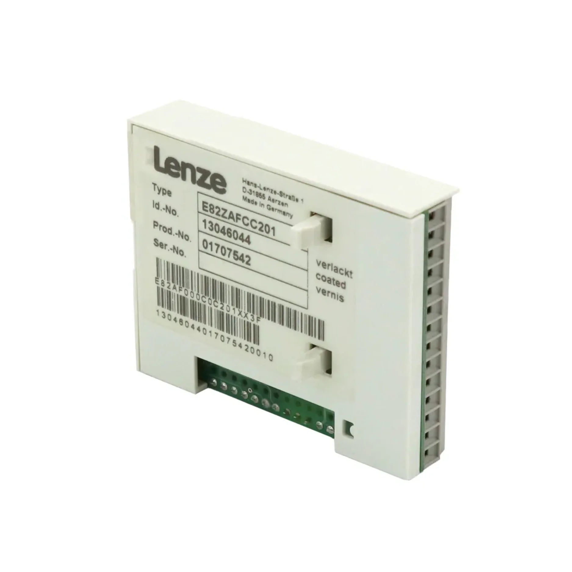 Lenze E82ZA-FCC201 EtherCAT communication module for 8200 Vector inverters, compact design, plug-in, real-time fieldbus connectivity.