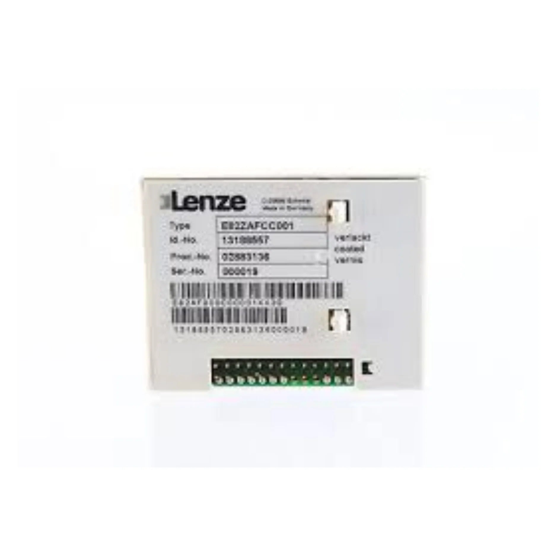 Lenze E82ZAFCC001 CANopen module with compact housing and direct mount interface for industrial communication networks.