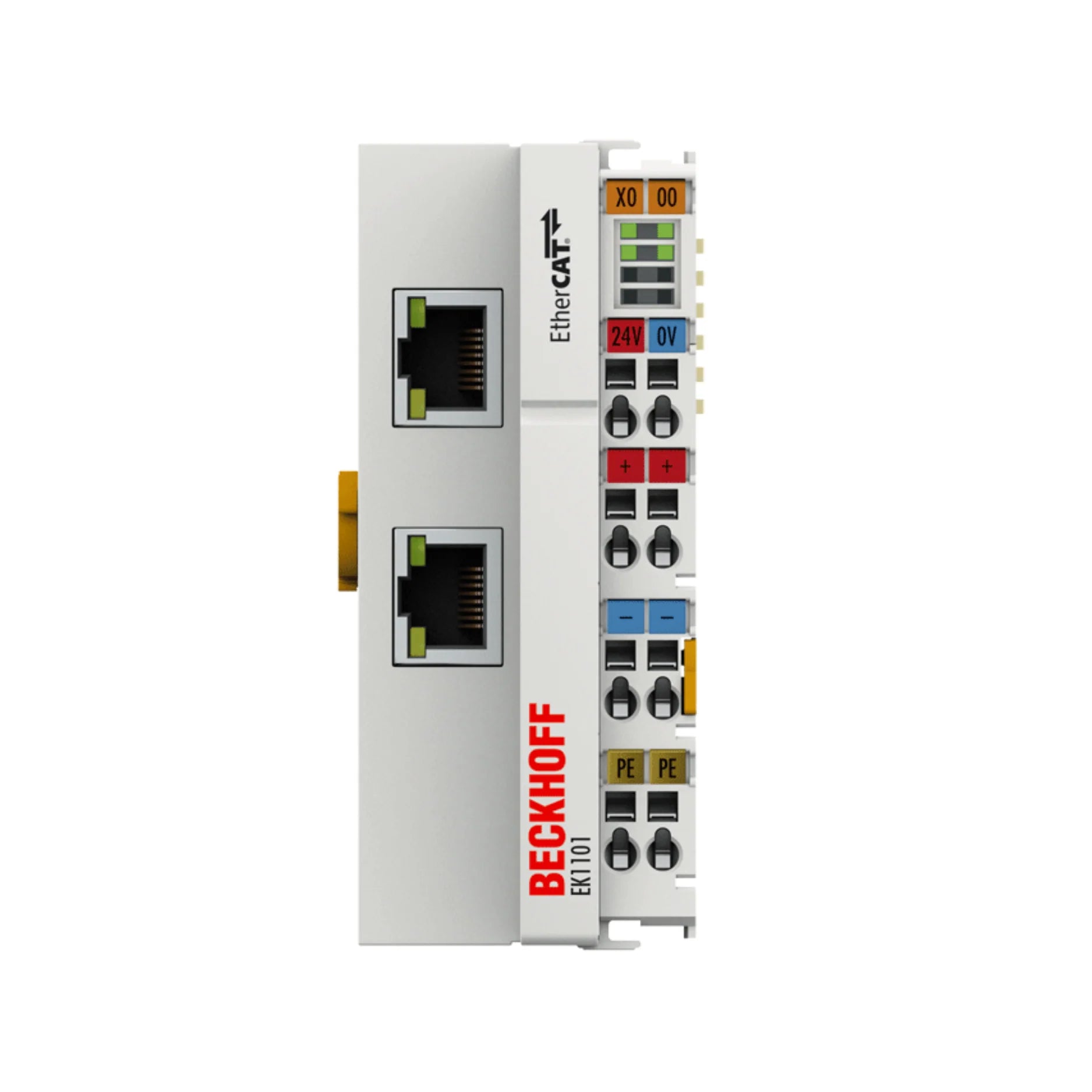 Beckhoff EK1101 EtherCAT Coupler for connecting modular Bus Terminals to high-speed EtherCAT networks in industrial automation.