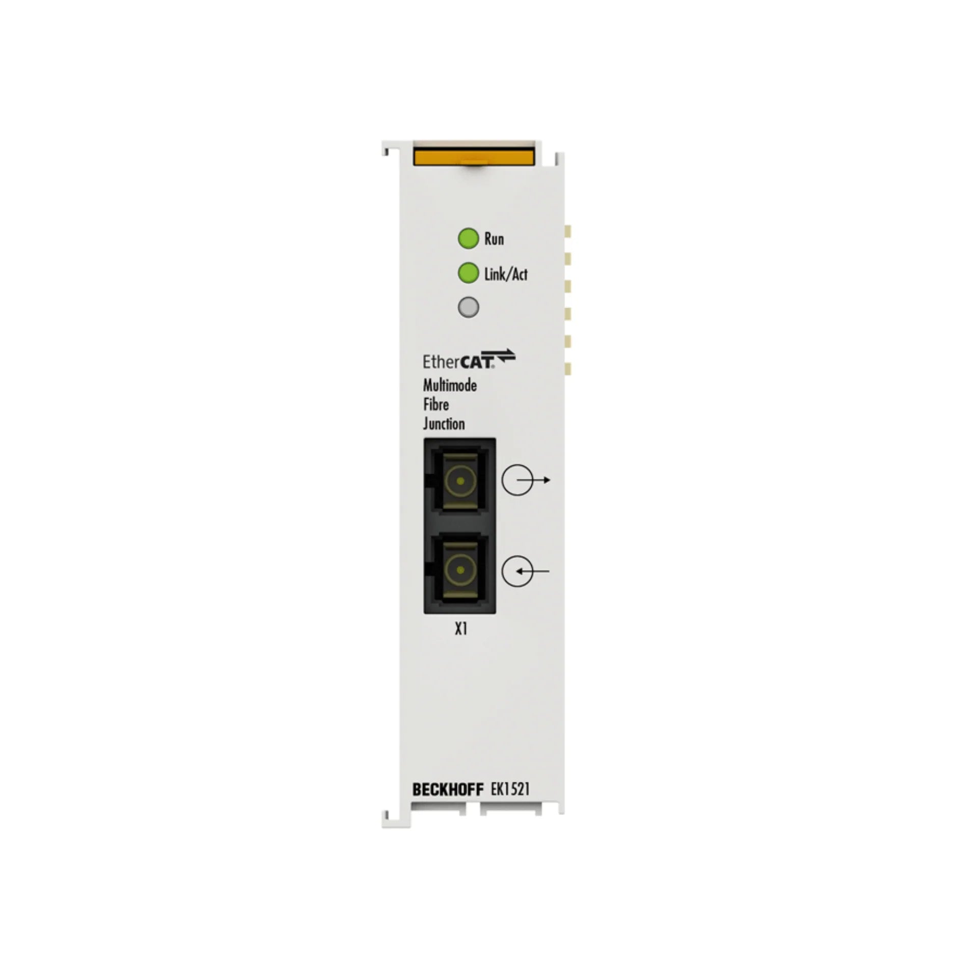 Beckhoff EK1521 EtherCAT to EtherNet/IP coupler for industrial automation, enabling seamless network communication and protocol conversion.