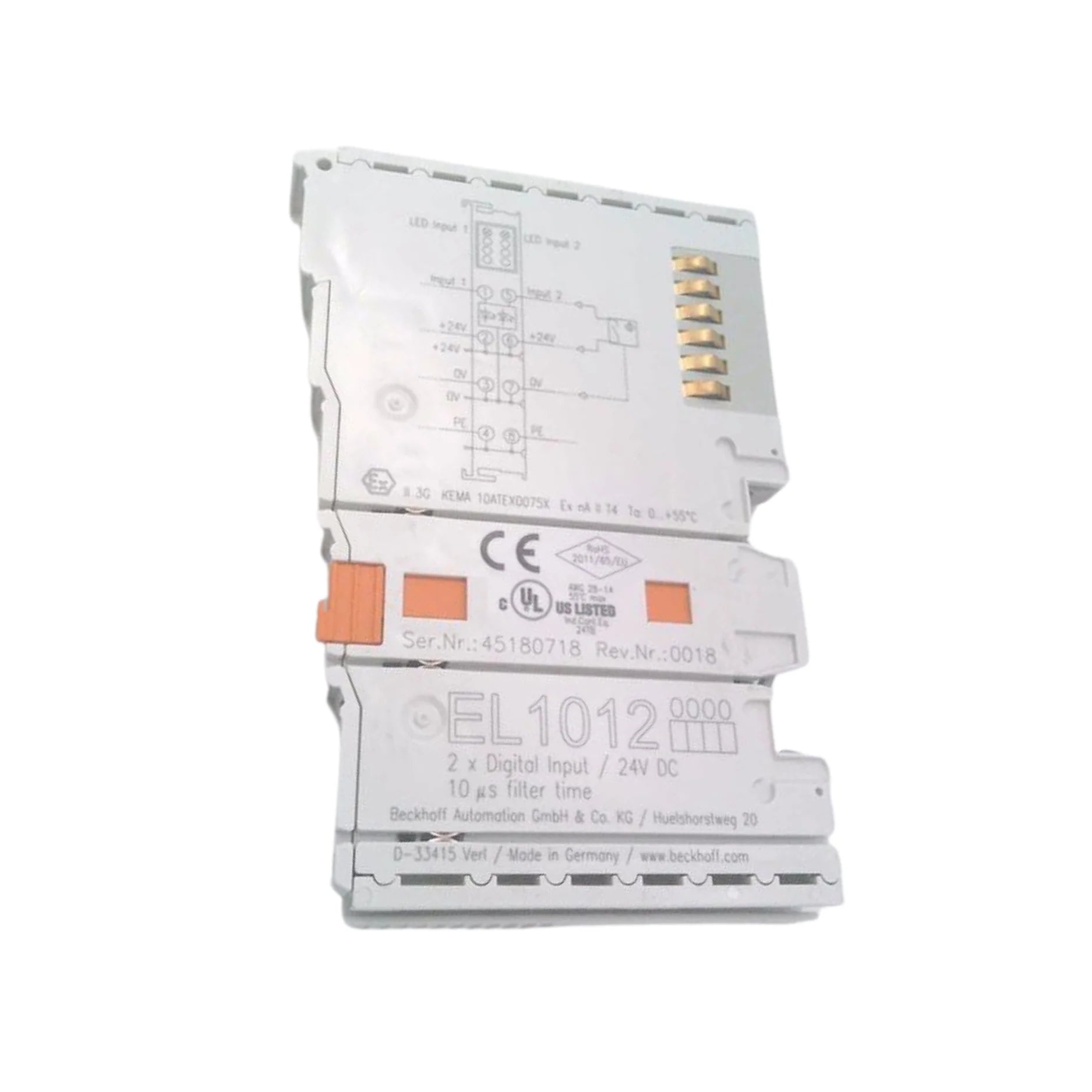 Beckhoff EL1012 digital input terminal, 2-channel, 24 V DC, for monitoring binary signals in industrial automation systems.