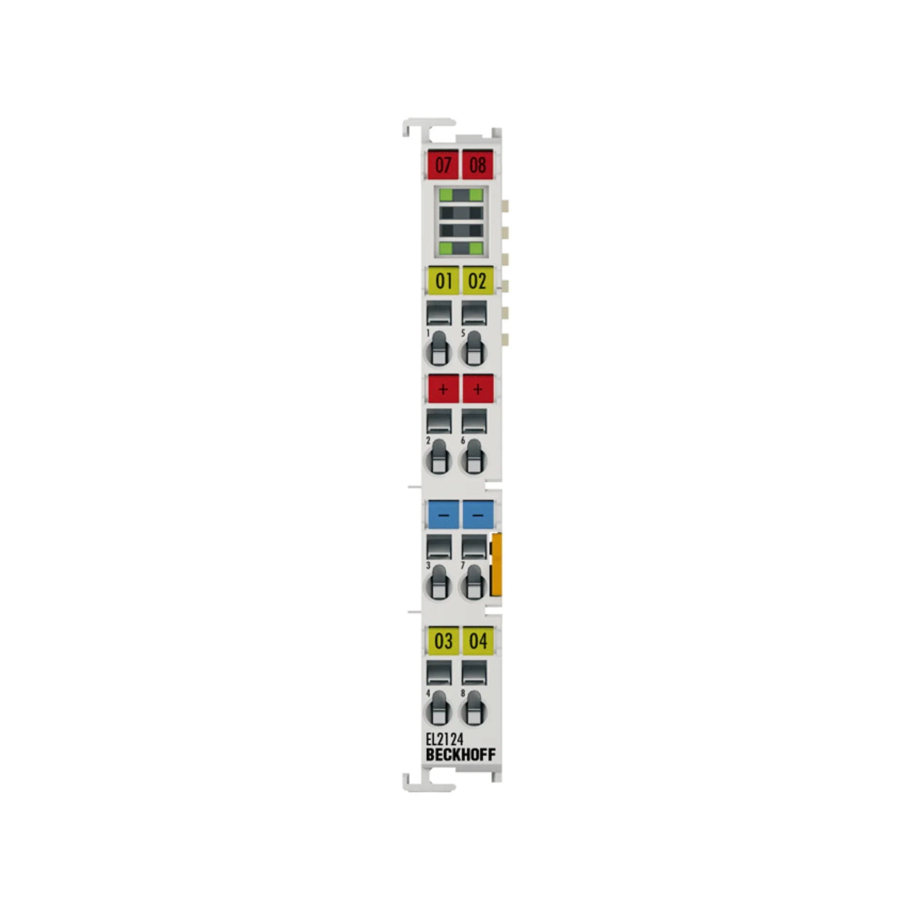 Beckhoff EL2124 digital output terminal, 4-channel, 24 V DC, 0.5 A, for reliable actuator and device control in automation.