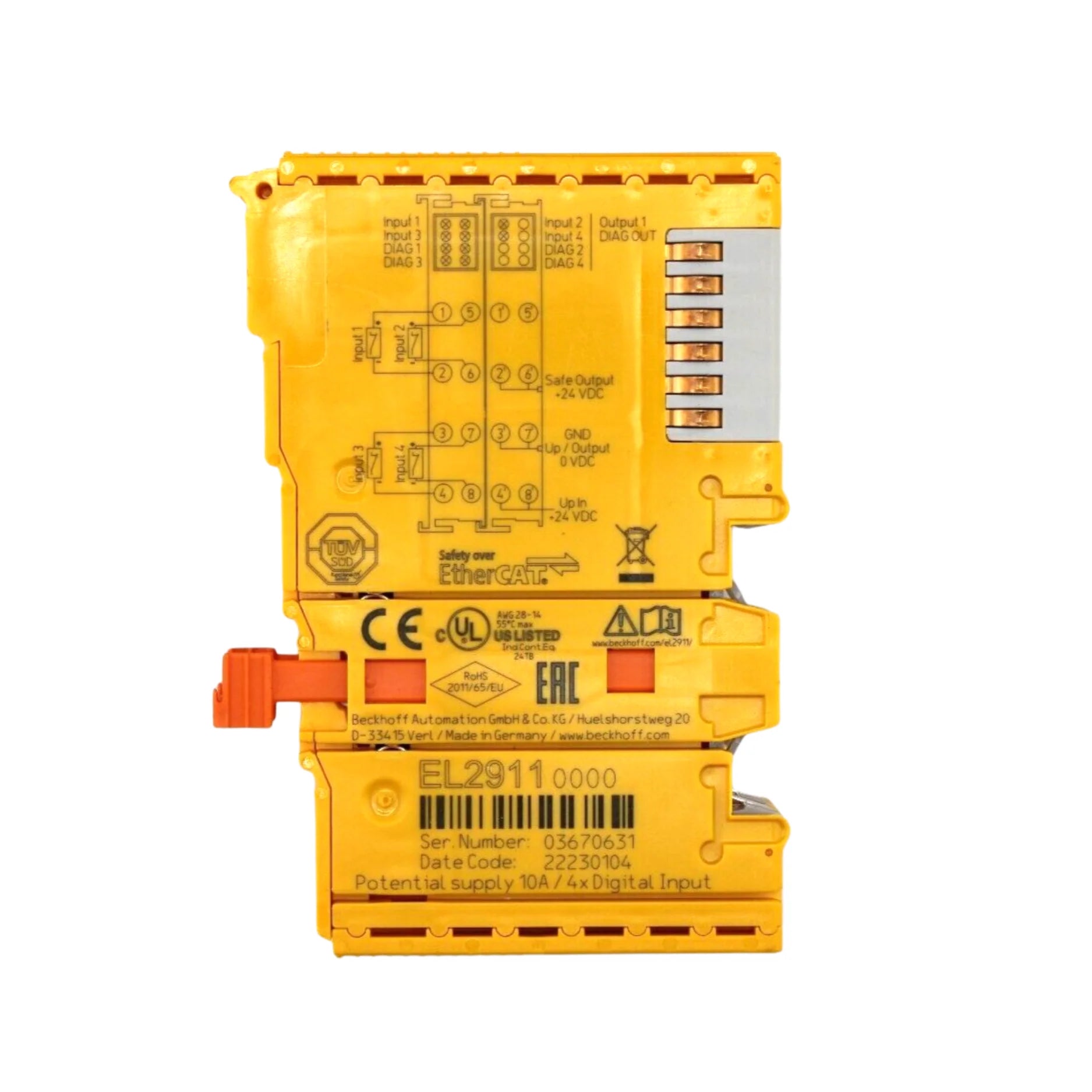 Beckhoff EL2911 TwinSAFE digital output terminal, 2-channel, SIL 3, EtherCAT, DIN-rail mount