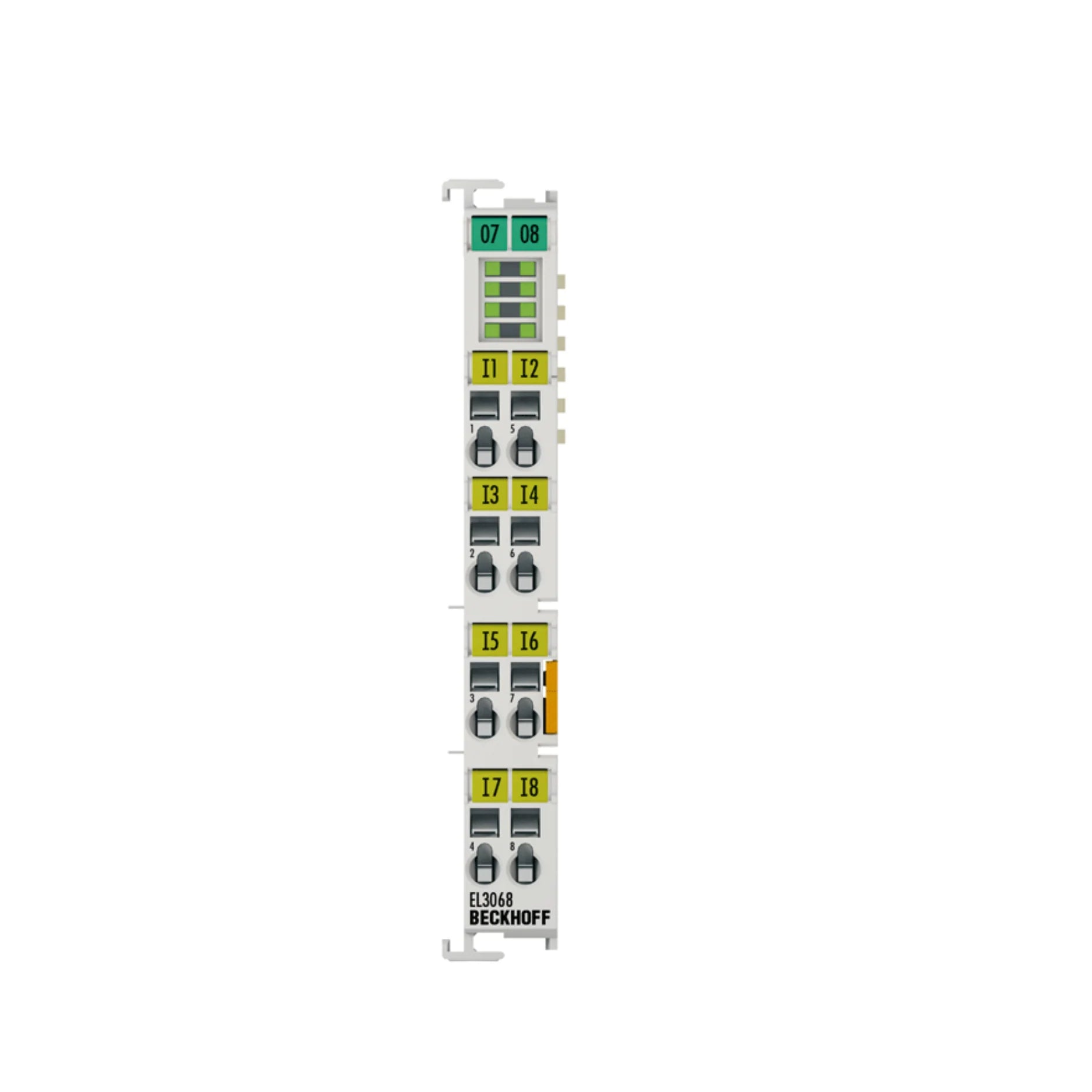 Beckhoff EL3068 8-channel 0-10V analog input terminal with 12-bit resolution for accurate voltage measurement in automation systems.