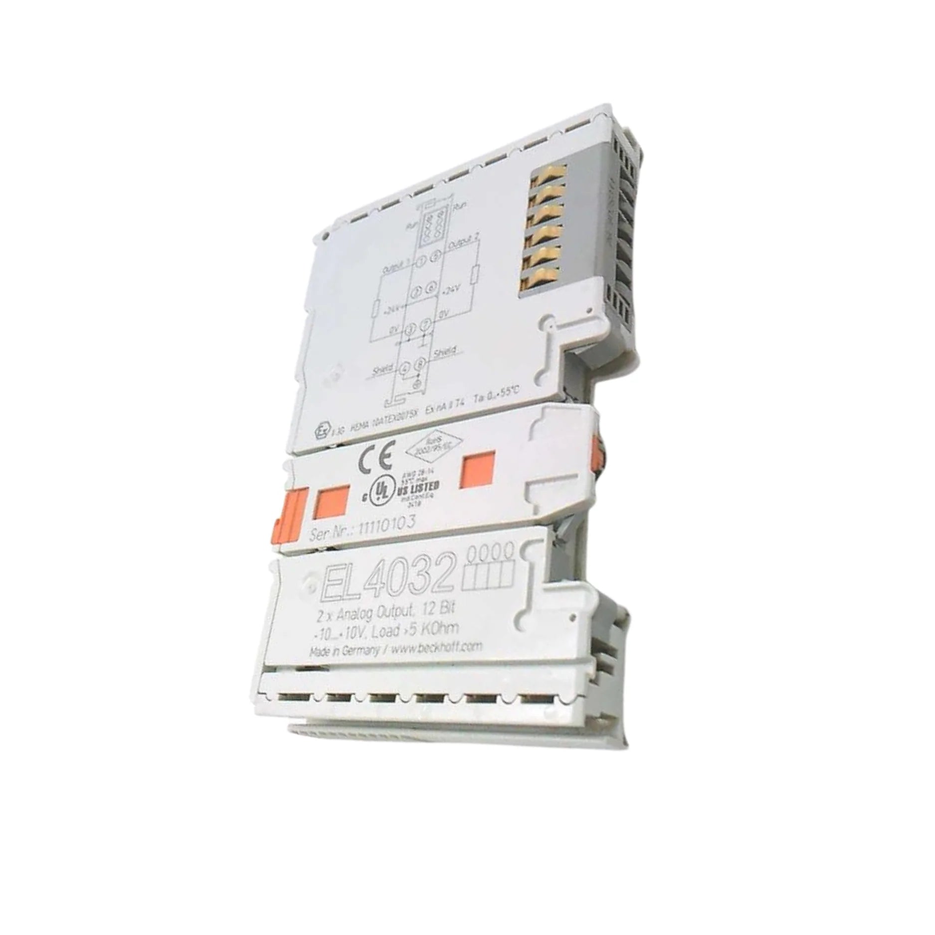 Beckhoff EL4032 analog output terminal, 2-channel, ±10 V, 12-bit resolution for industrial automation control.