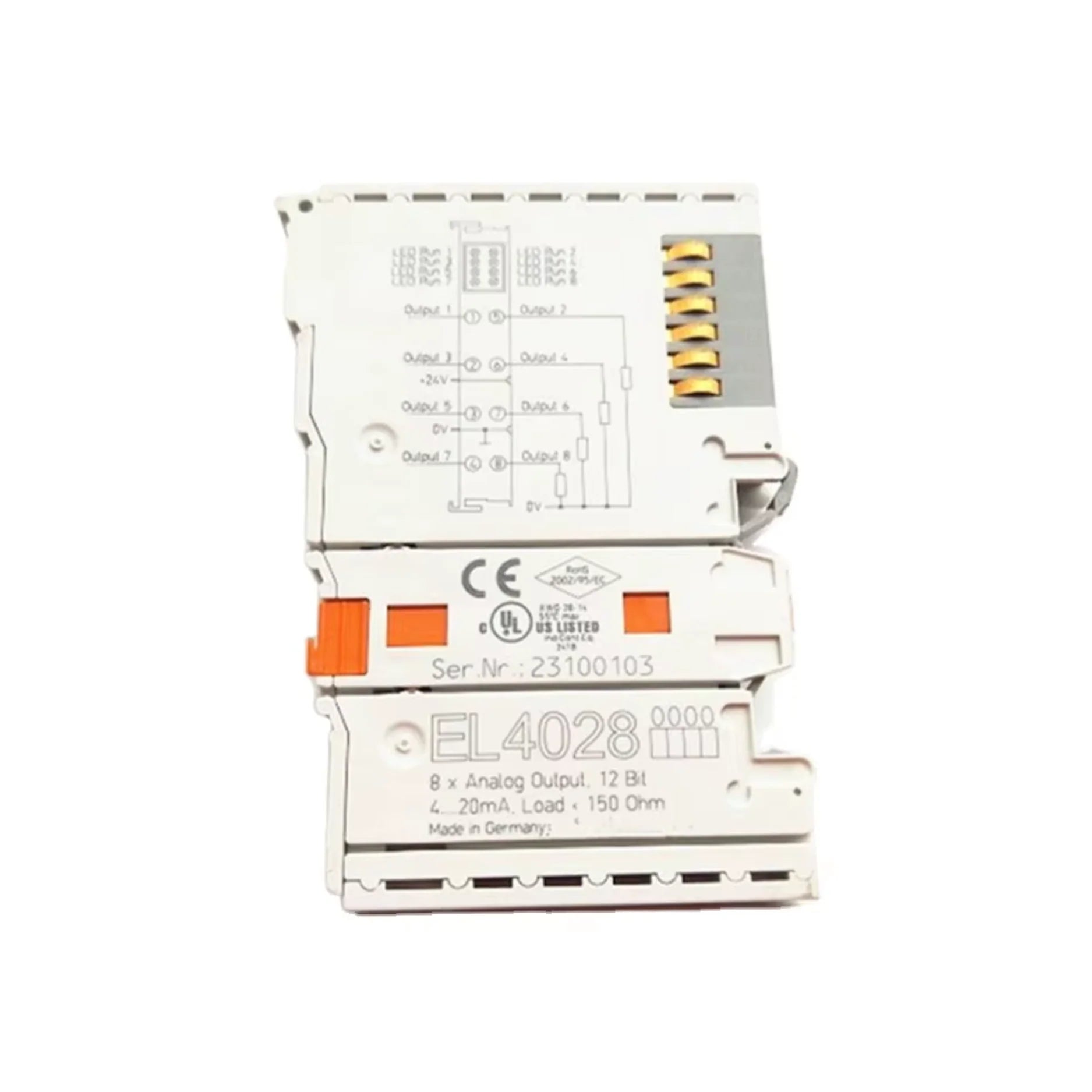 Beckhoff EL4038 EtherCAT terminal with 8 analog output channels, ±10 V, for industrial automation and process control.