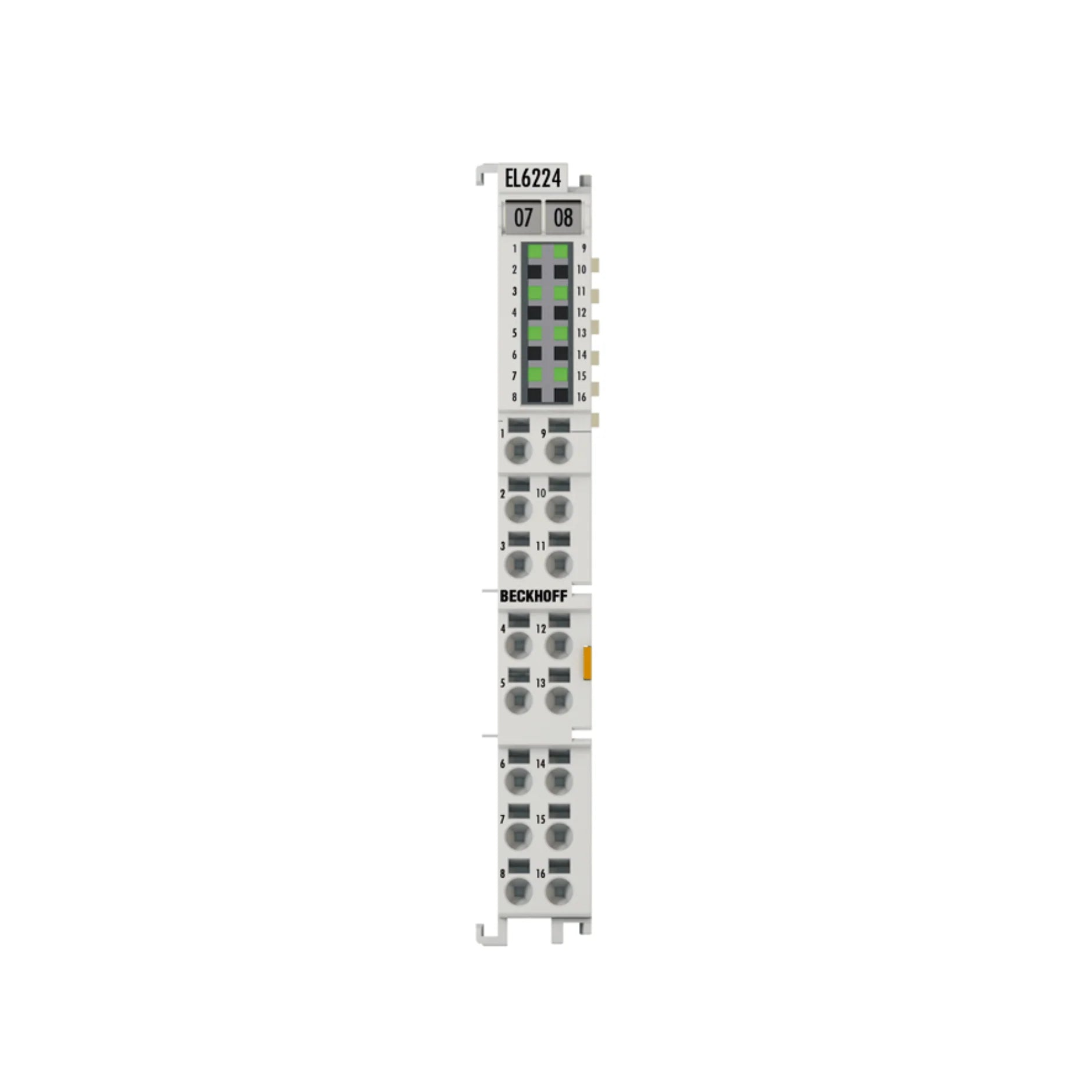 Beckhoff EL6224 4-channel IO-Link master terminal for connecting intelligent sensors and actuators in EtherCAT-based automation systems.