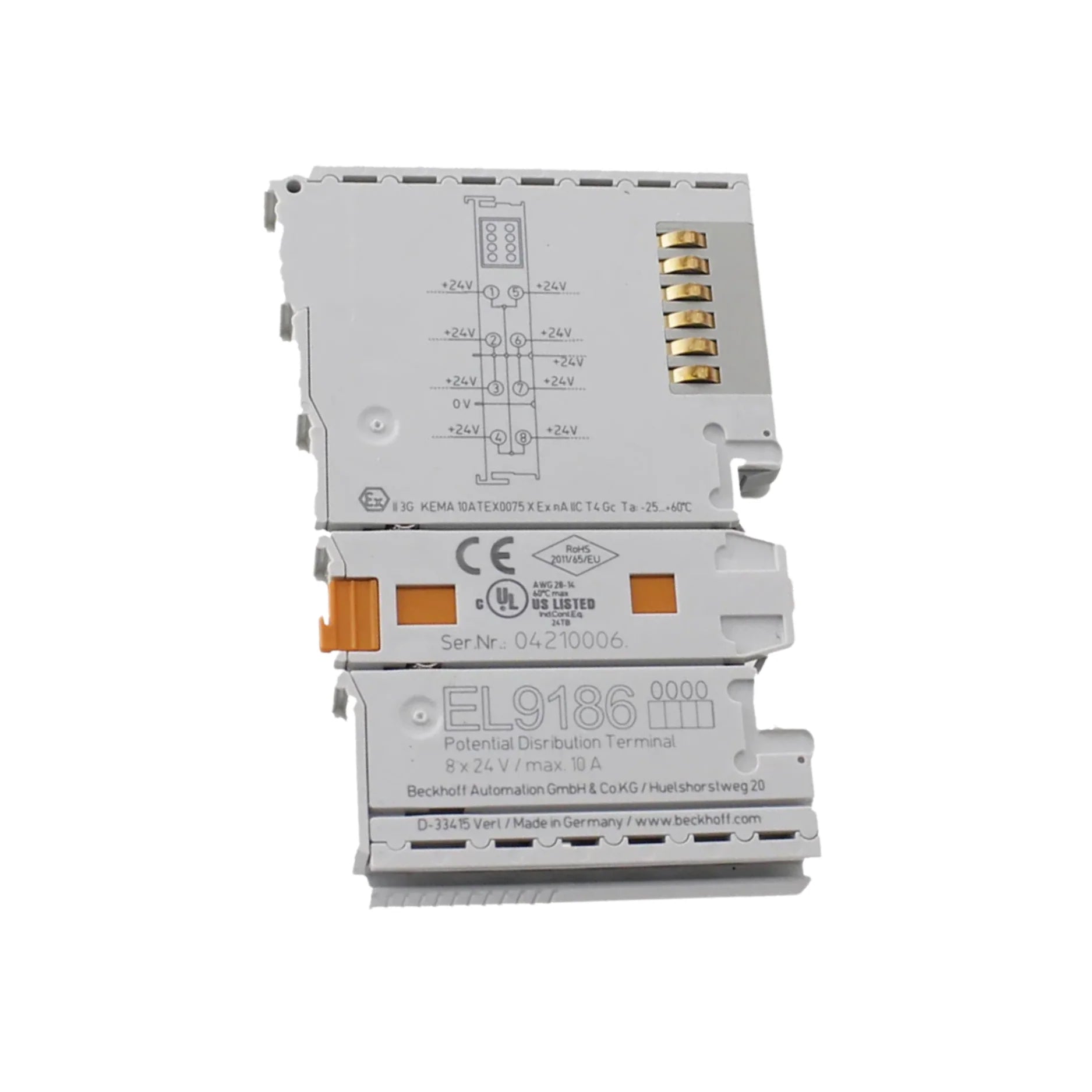 Beckhoff EL9186 potential supply terminal, 24 V DC, 6-channel, for efficient EtherCAT I/O power distribution.