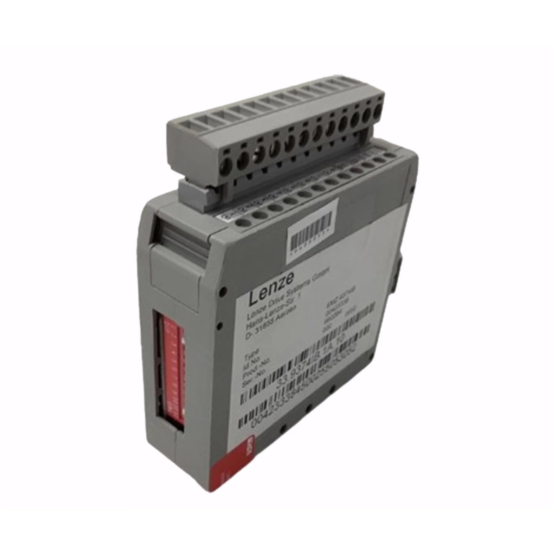 Lenze EMZ9374IB terminal expansion module with 8 digital I/O, for Lenze 9300 drives, DIN rail mountable, IP20 protection.