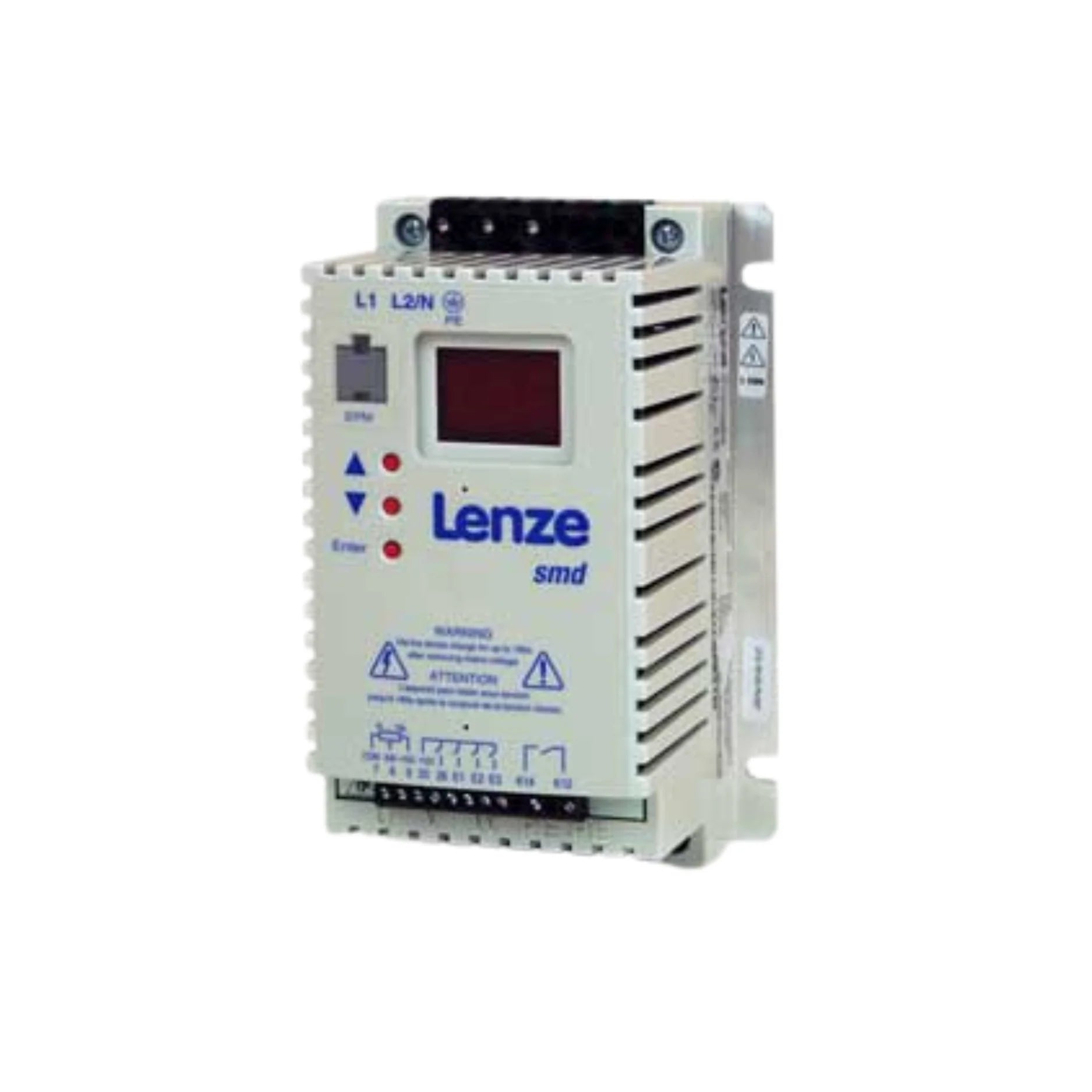 Lenze ESMD752L4TXA 7.5 kW frequency inverter, SMD series, 3-phase 400V input, compact design for industrial motor control applications.