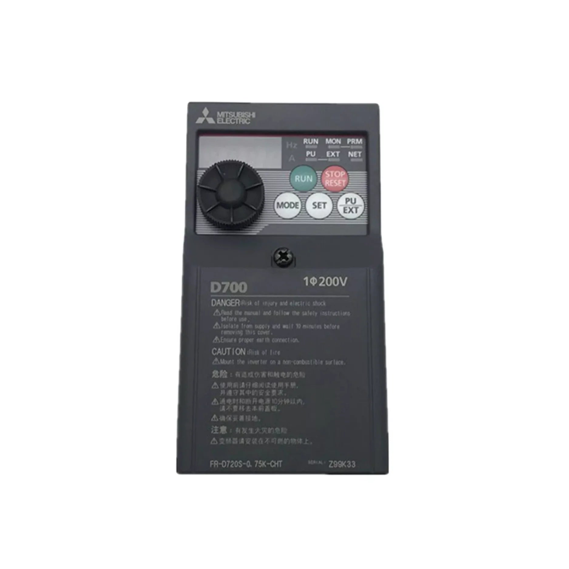 Mitsubishi FR-D720S-0.75K-CHT inverter, 0.75kW, 1-phase 200–240V AC input, RS-485, compact VFD for small motors.
