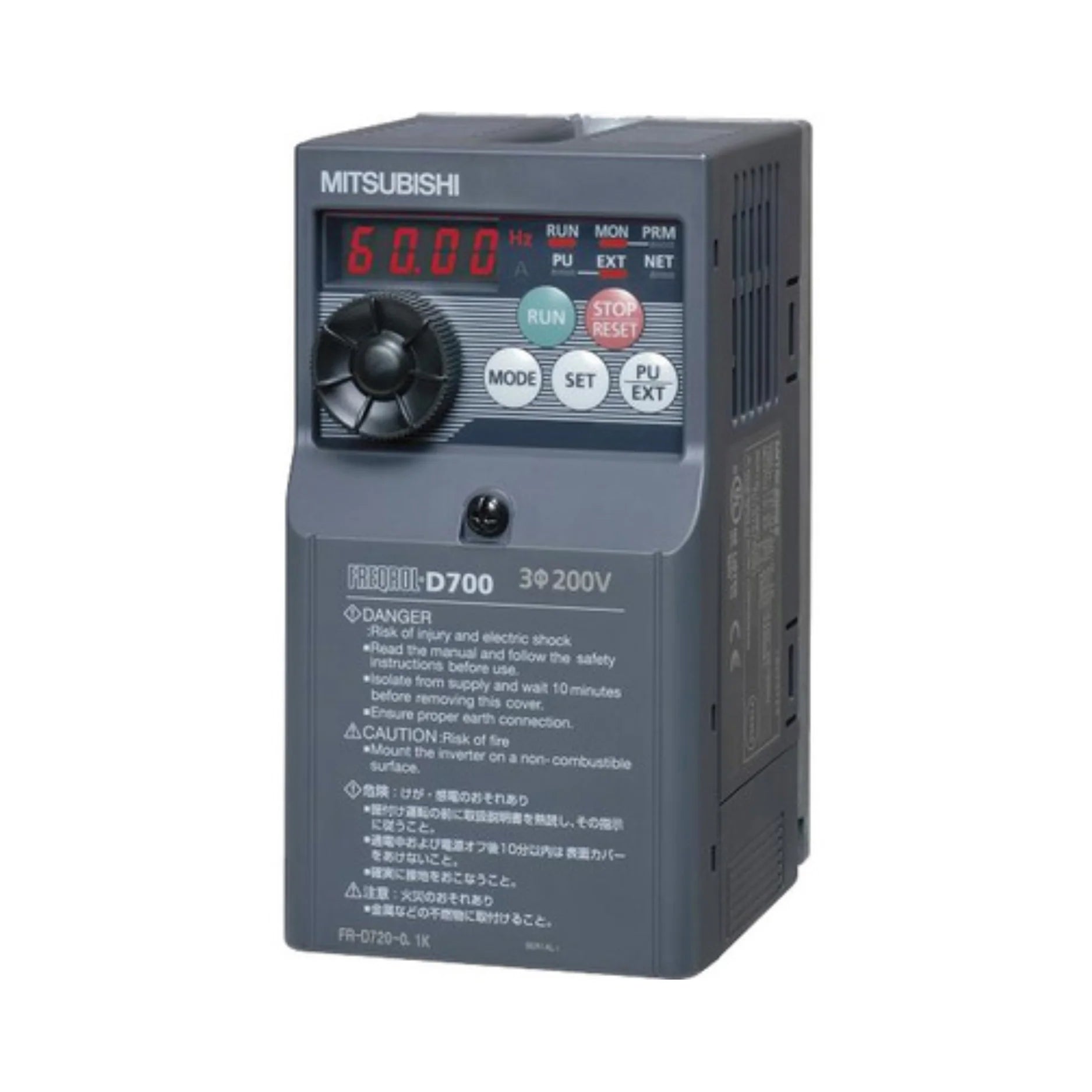 Mitsubishi FR-D740-0.4K VFD, 0.4kW, 3-phase 380–480V, compact inverter from D700 Series for light-duty motor control applications.