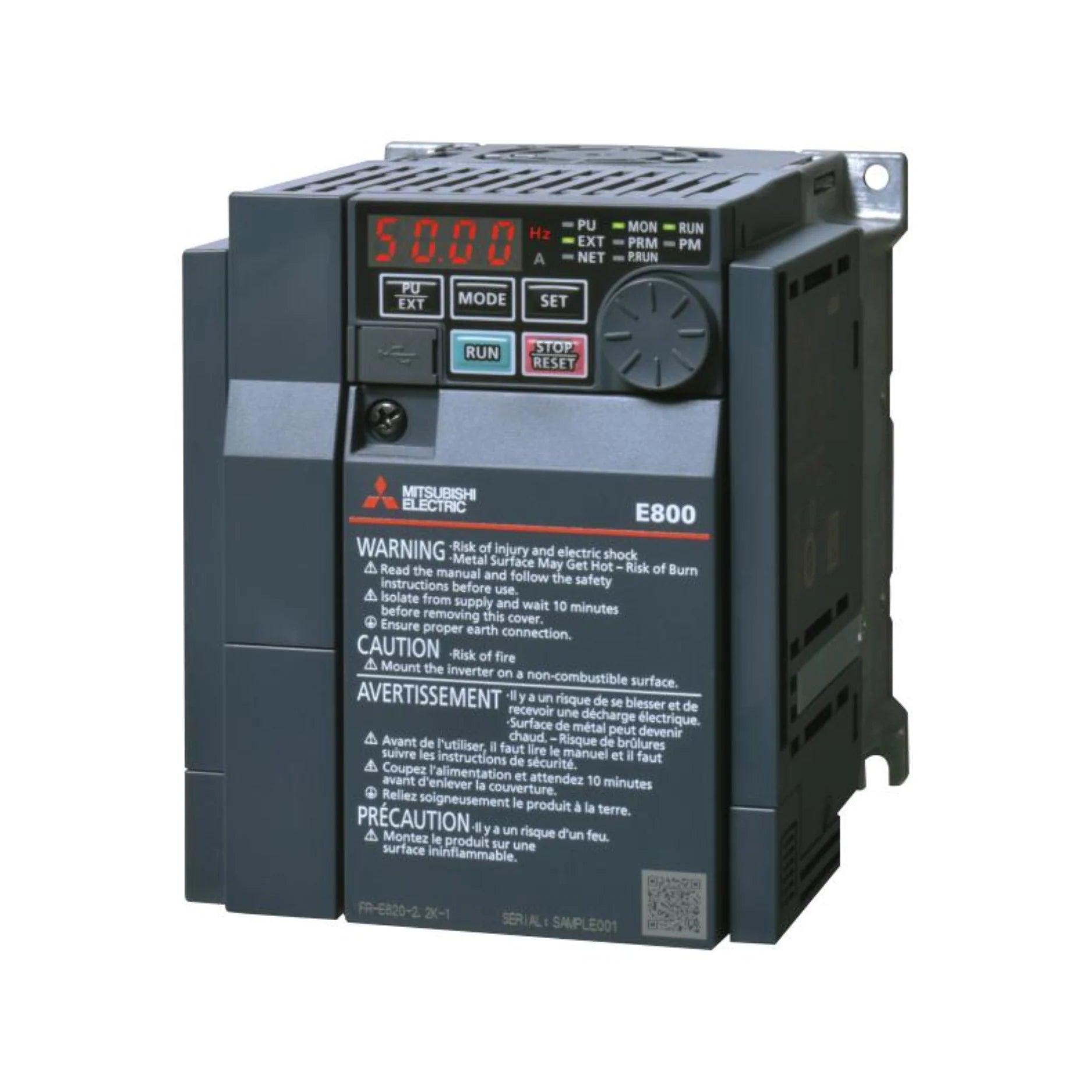 Mitsubishi FR-E840-0026-4-60 VFD, 3.7kW, 380–480V, 3-phase, compact drive from E800 Series for industrial motor control.