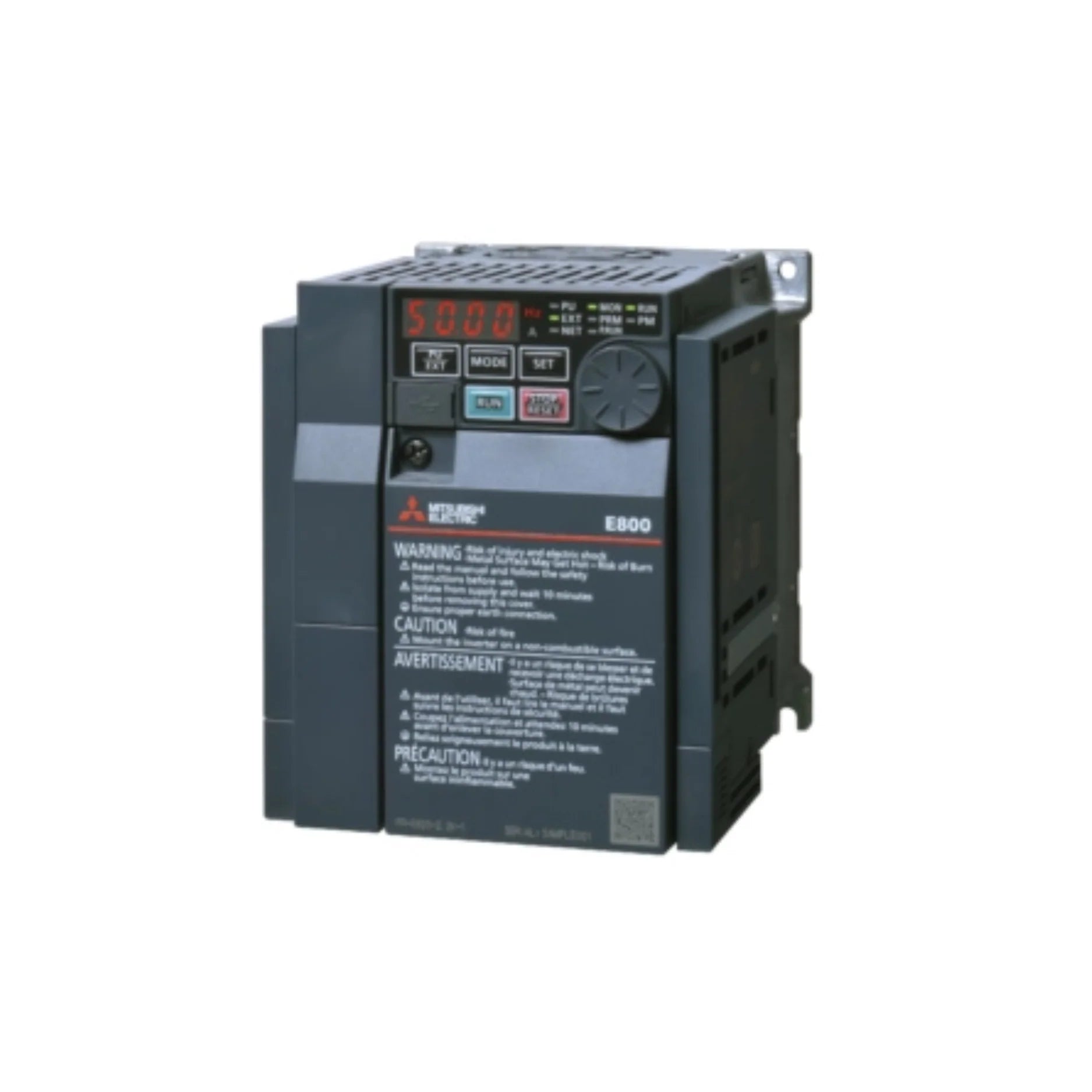 Mitsubishi FR-E840-0040-4-60 VFD, 3.7kW, 460V 3-phase, FR-E800 Series, Ethernet/IP and Modbus TCP communication.