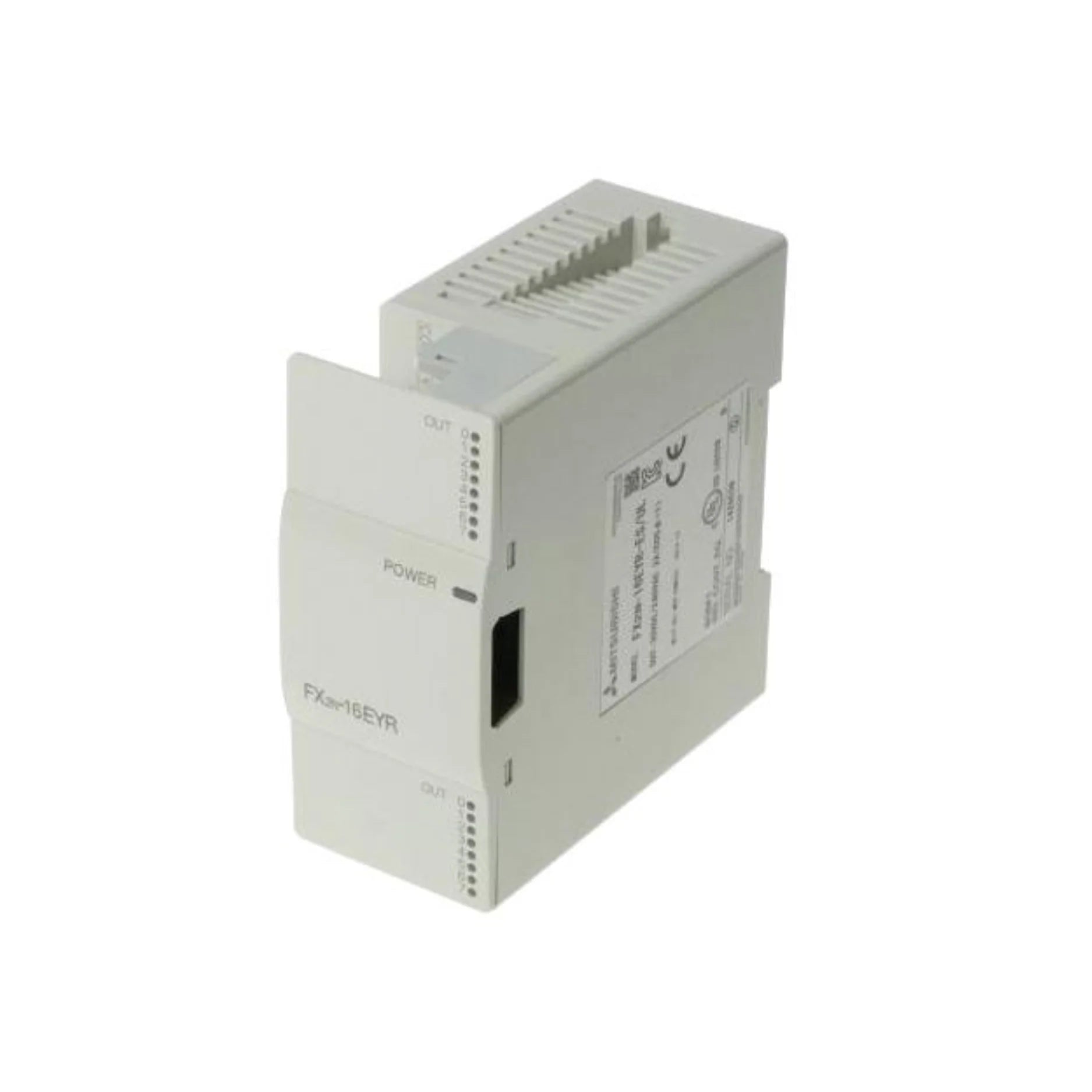 Mitsubishi FX2N-16EYR relay output module, 16-point unit with 16 relay outputs, 24V DC power supply.