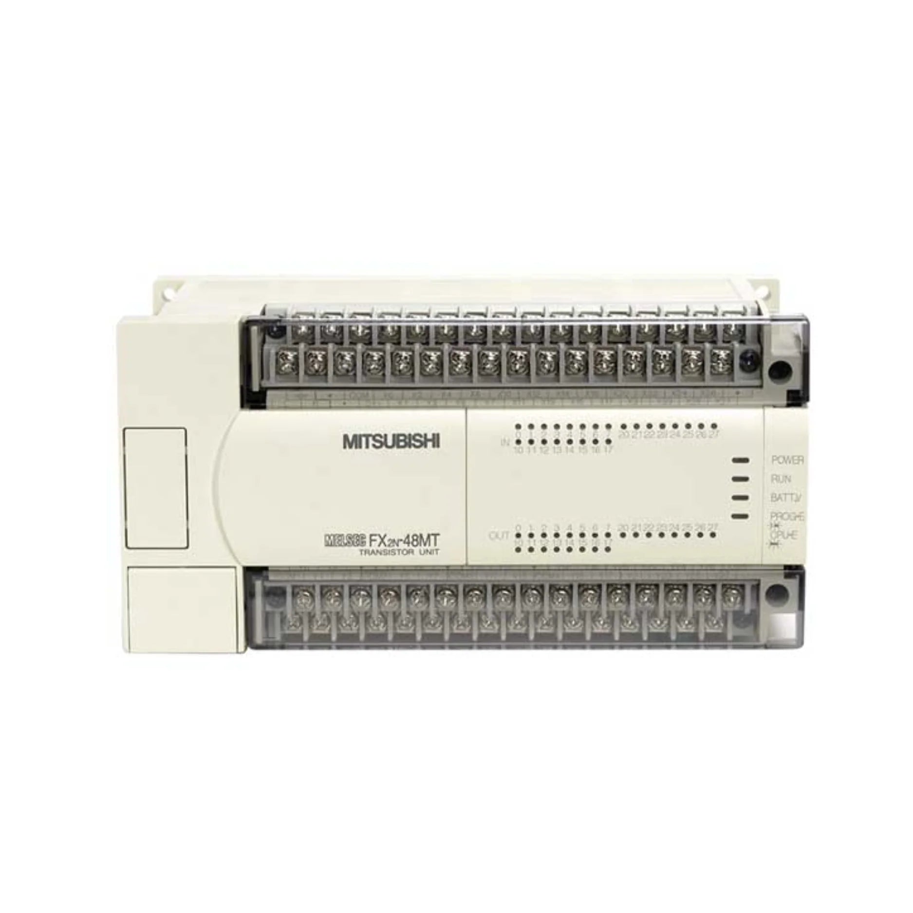 Mitsubishi FX2N-48MT-001 PLC with 48 I/O and transistor sink outputs for compact industrial automation control.