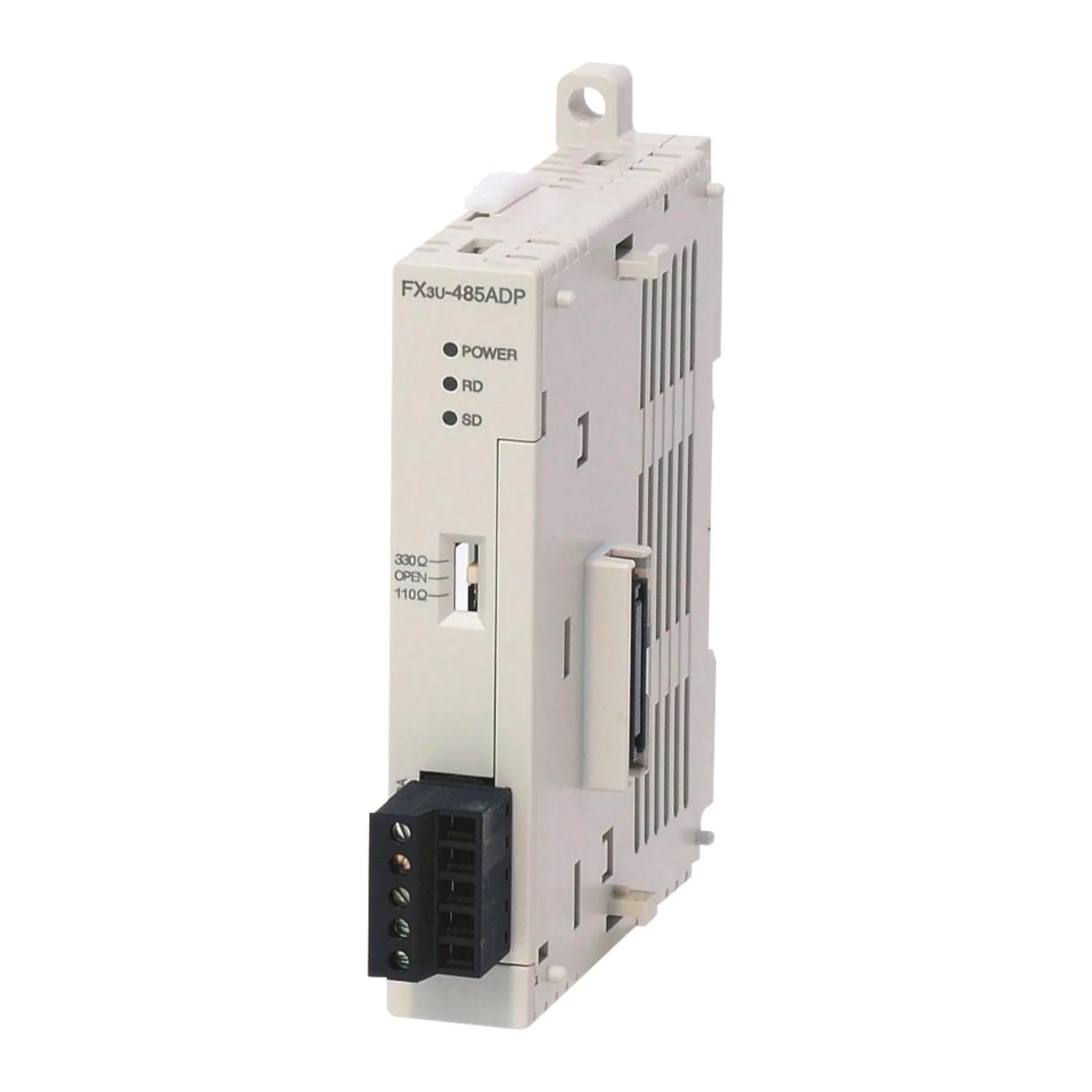 Mitsubishi FX3U-485ADP-MB RS-485 adapter, Modbus RTU, ADP-mounted for FX3U/FX3UC PLCs, supports 2-wire/4-wire communication.