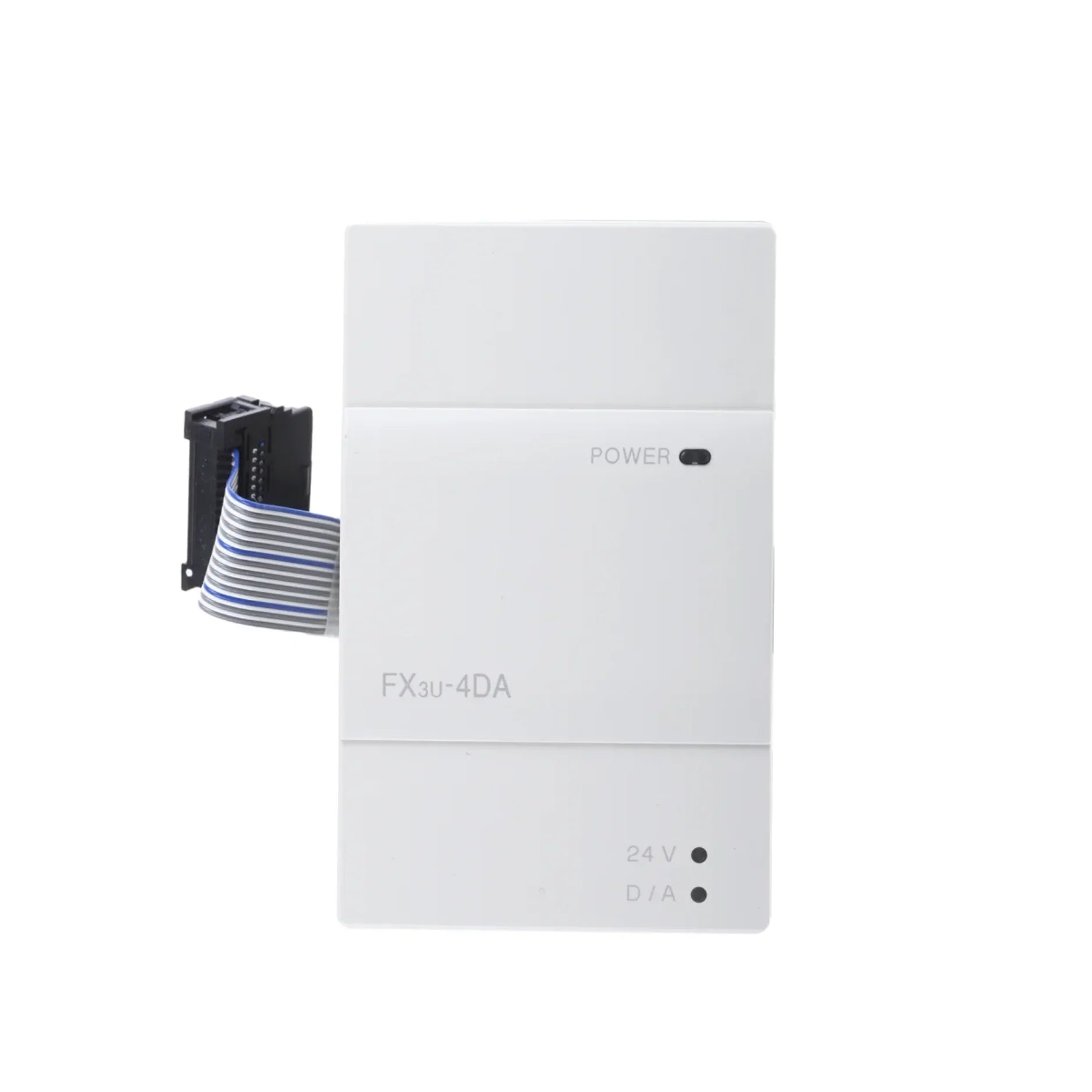 Mitsubishi FX3U-4DA analog output module, 4 channels, 0–10V and 4–20mA output, 12-bit resolution, for FX3U PLCs.
