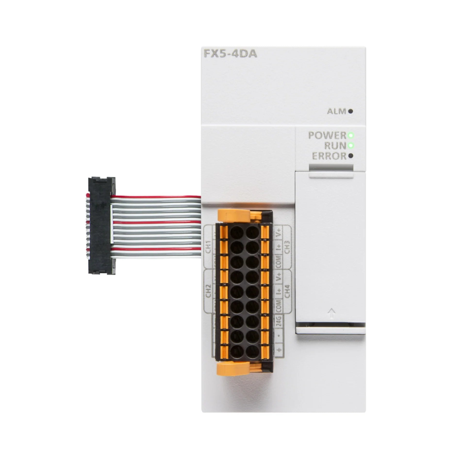 Mitsubishi FX5-4DA analog output module, 4 channels, 0–10V and 4–20mA output, 12-bit resolution, for FX5U PLCs.