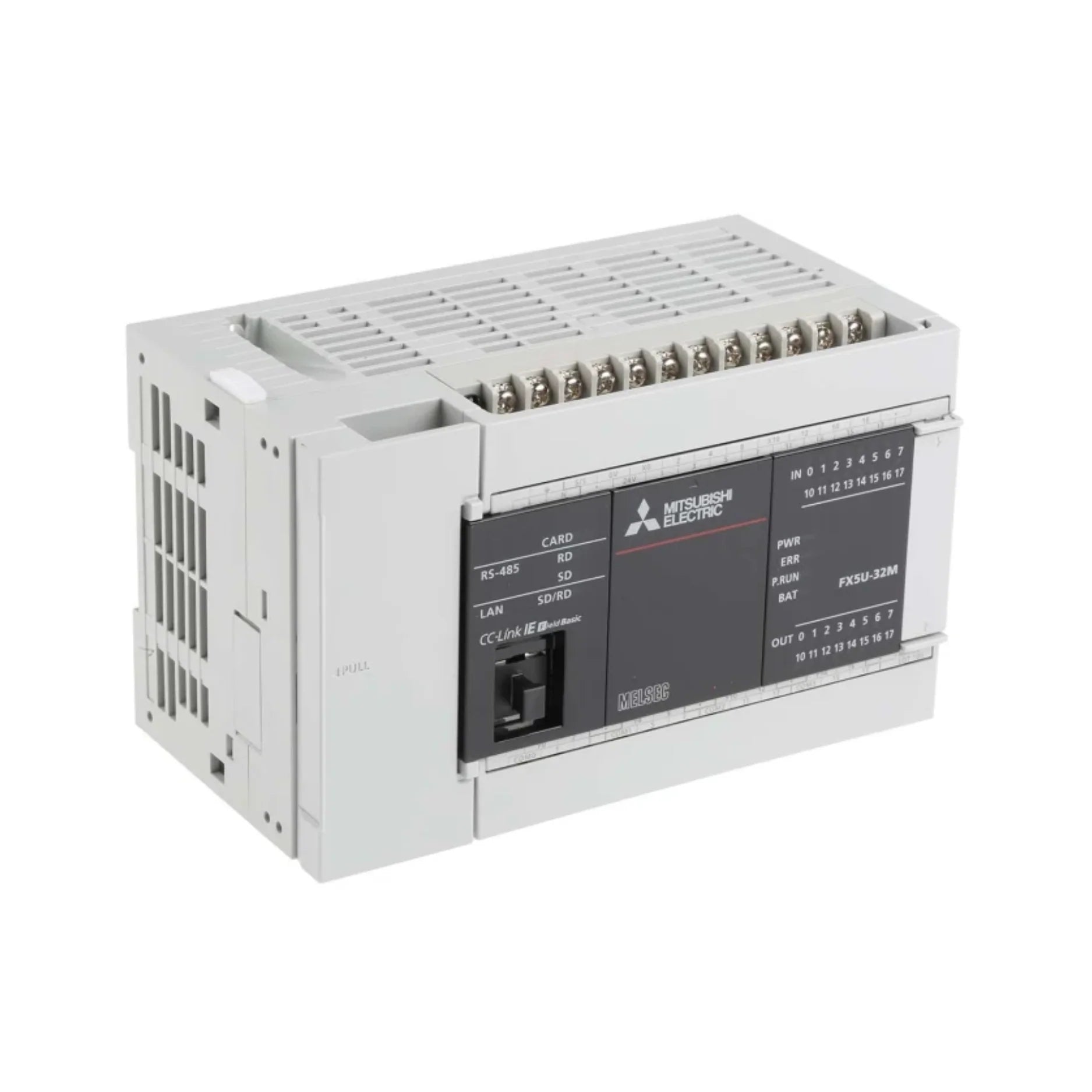 Mitsubishi FX5U-32MR/ES compact PLC with 32 I/O, relay outputs, and 100–240 V AC power for versatile industrial automation.