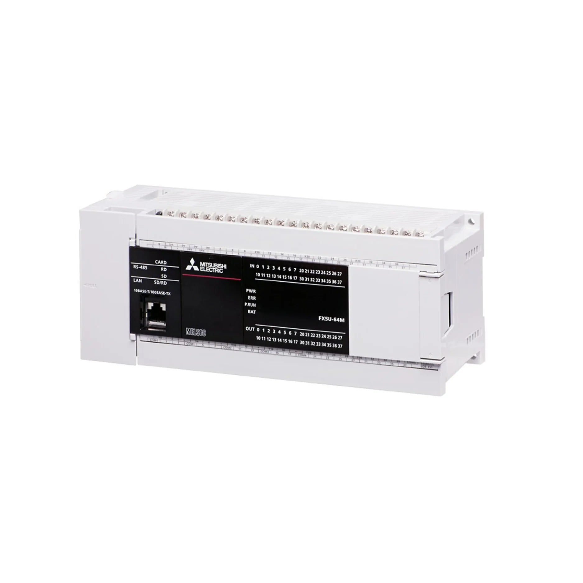 Mitsubishi FX5U-64MR-ES PLC, 64 I/O (32 inputs, 32 relay outputs), 100–240V AC, compact main unit for FX5U Series automation.
