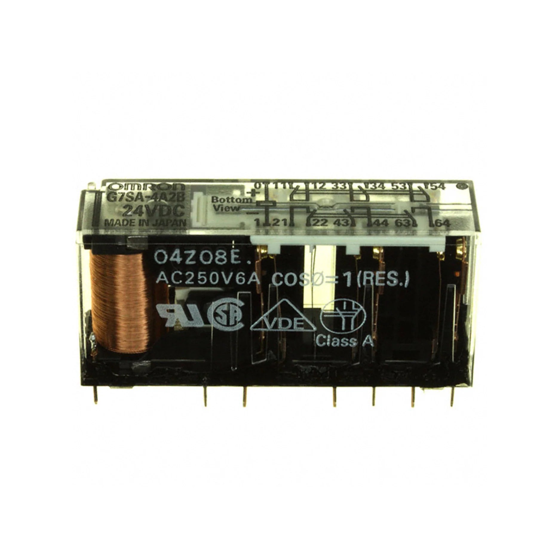 Omron G7SA-4A2B safety relay with 4NO + 2NC contacts, 24VDC coil voltage, and DIN rail mounting for industrial safety applications.