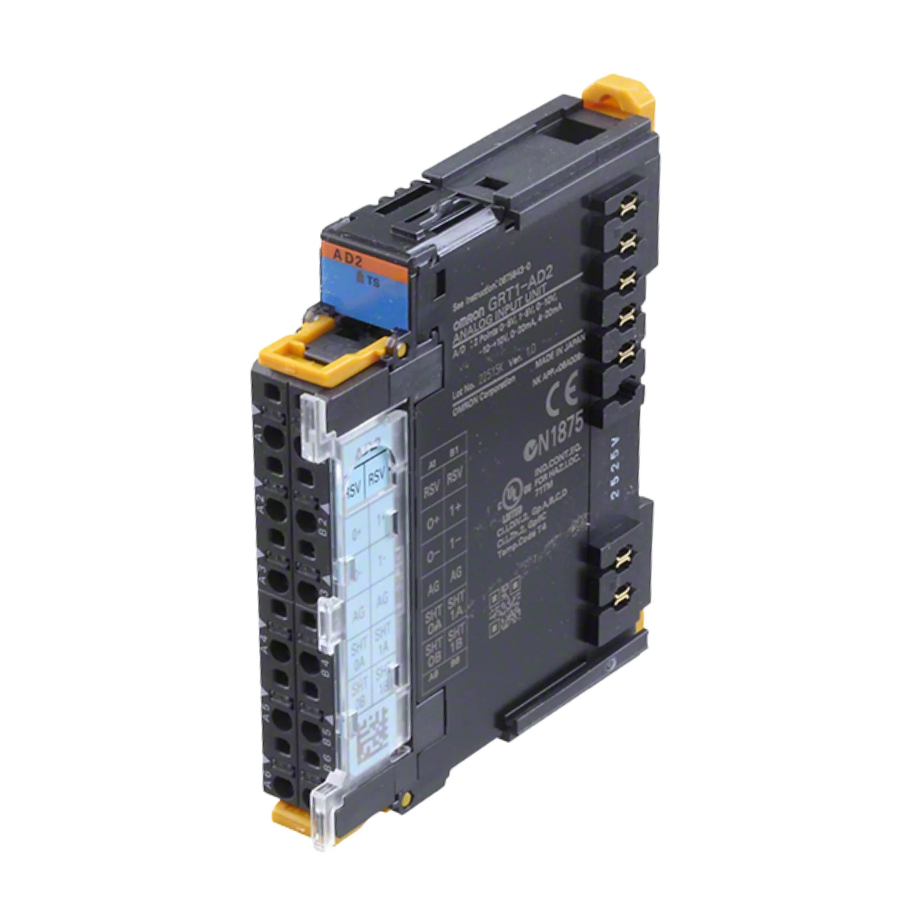 Omron GRT1-AD2 2-channel analog input module supporting voltage and current inputs for SmartSlice I/O systems in industrial automation.