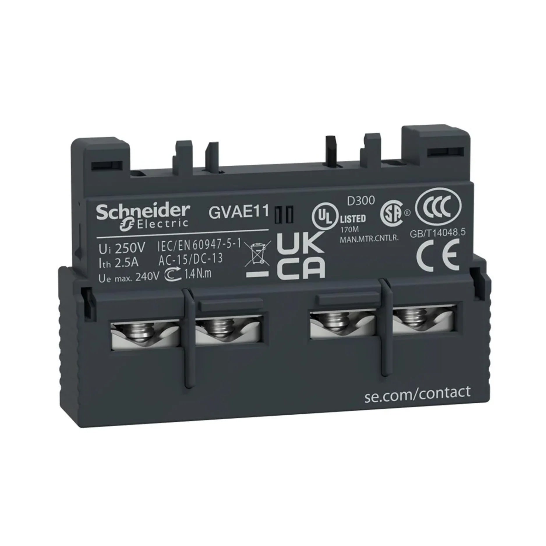 Schneider Electric GVAE11 auxiliary contact block with 1 NO + 1 NC, snap-on design for GV2/GV3 motor circuit breakers, ideal for control signaling.
