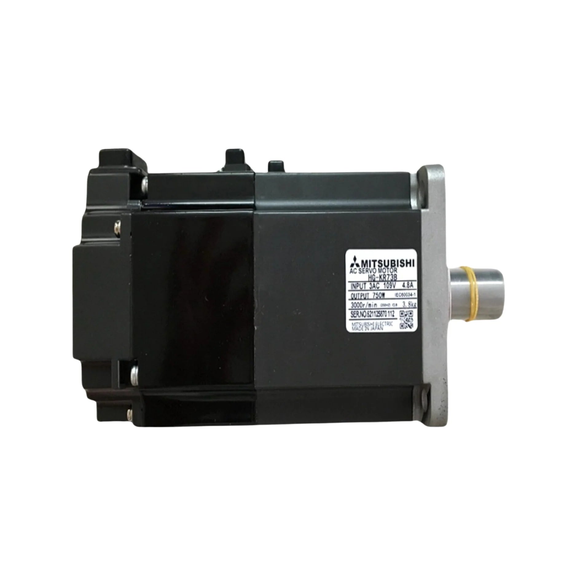 Mitsubishi HG-KR73B servo motor, 750W, 3000 RPM, 200V, with brake, compact and reliable for automation systems.