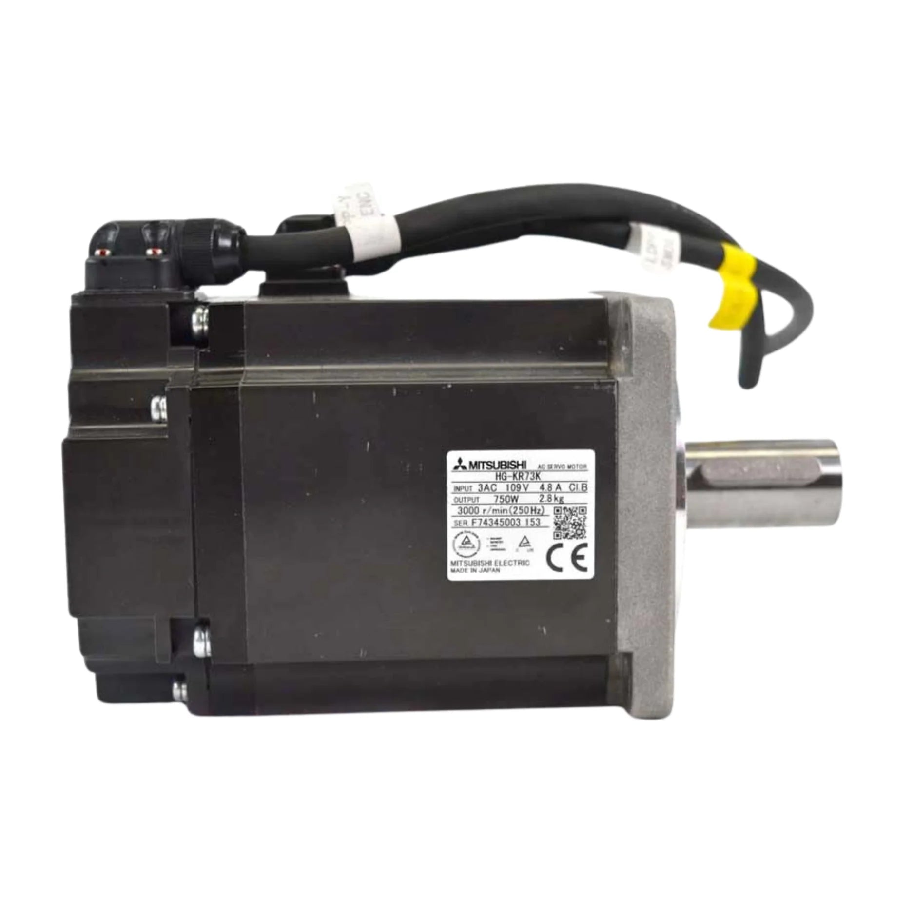 Mitsubishi HG-KR73K servo motor, 0.75kW, low inertia, 22-bit encoder, IP65-rated, keyed shaft, ideal for precise motion control.