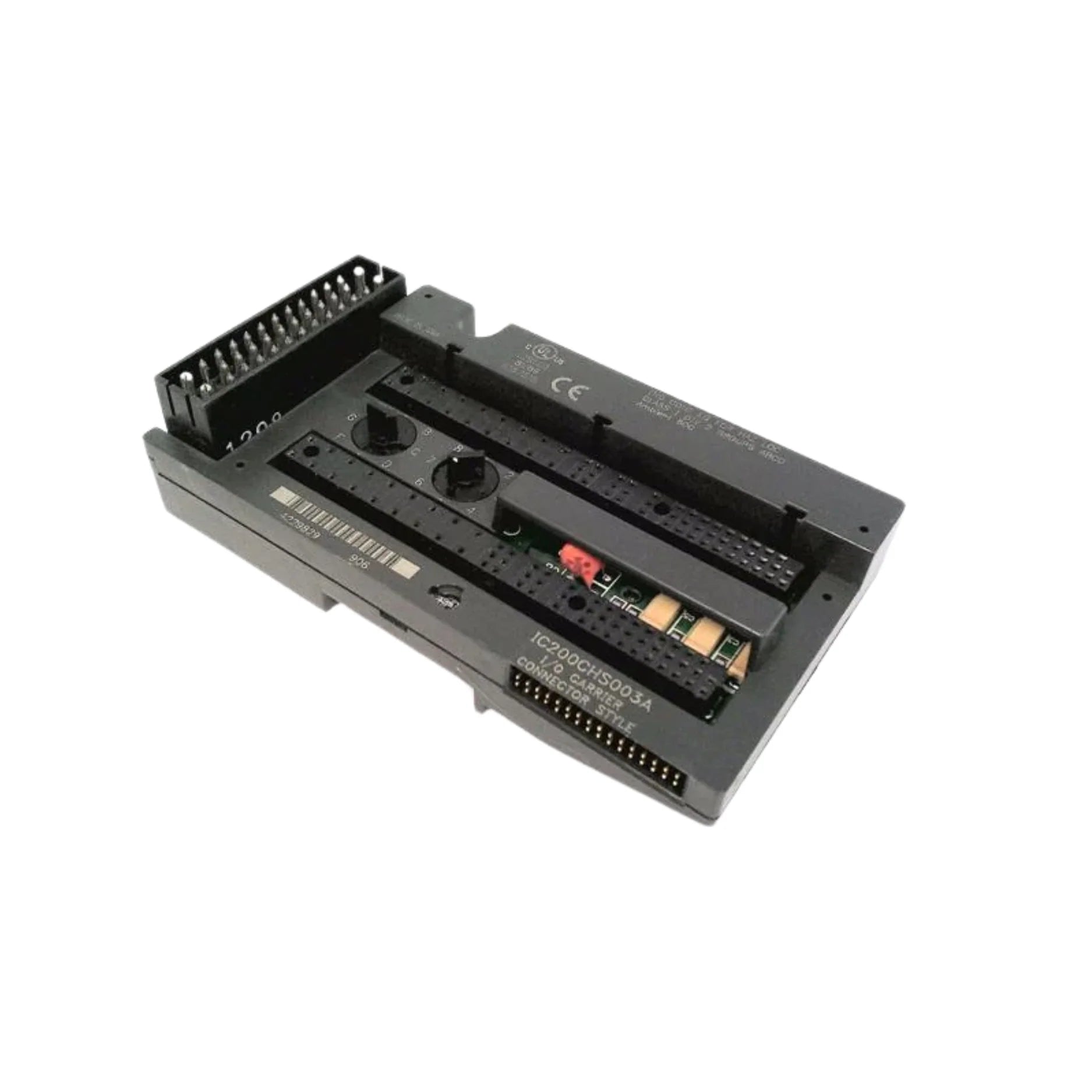GE Fanuc IC200CHS003 3-slot I/O carrier base for VersaMax PLCs, DIN rail mount, supports modular I/O expansion.