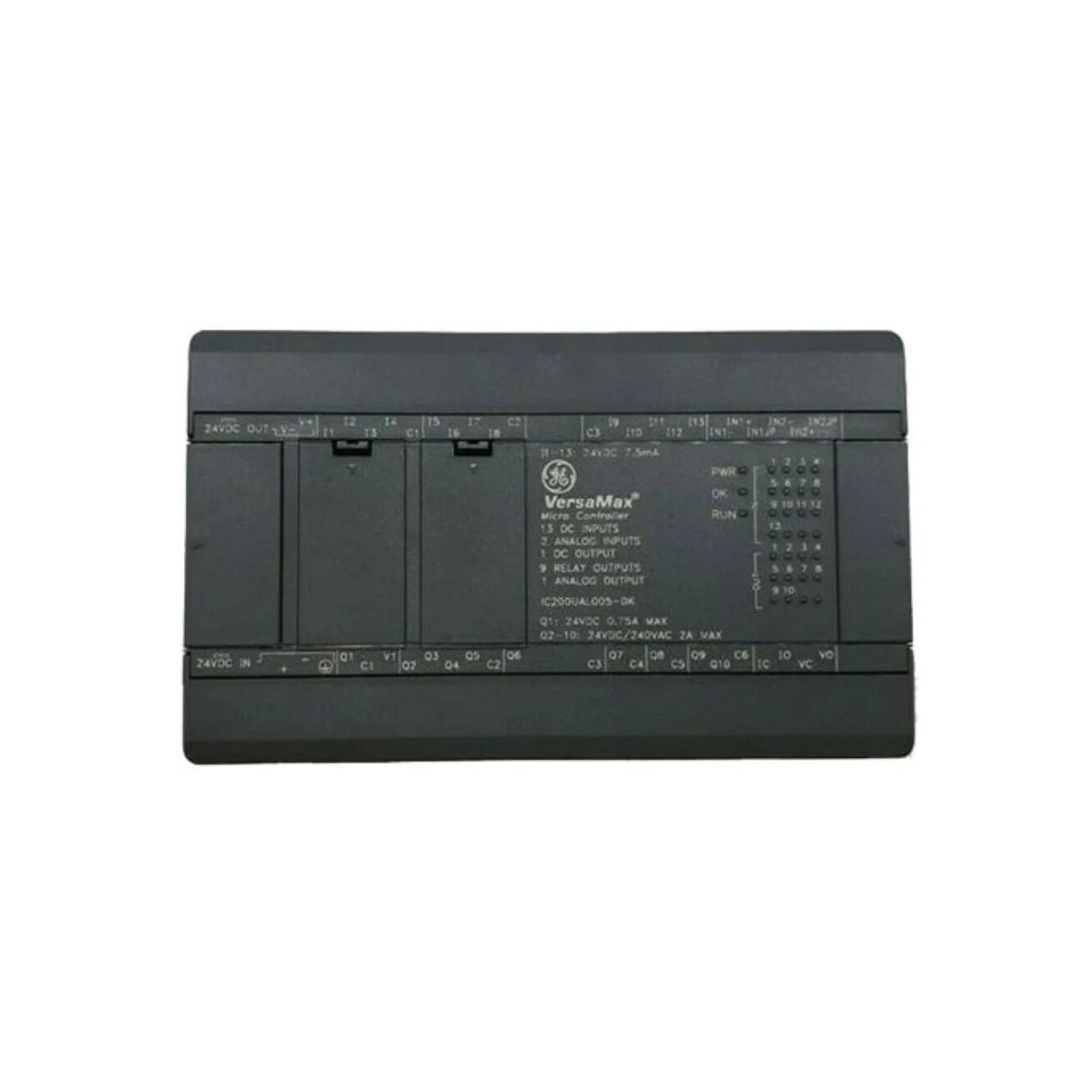 GE Fanuc IC200UAL005 VersaMax Micro PLC with 13 DC inputs, 9 relay outputs, 1 analog output, and 24 VDC power for industrial automation.