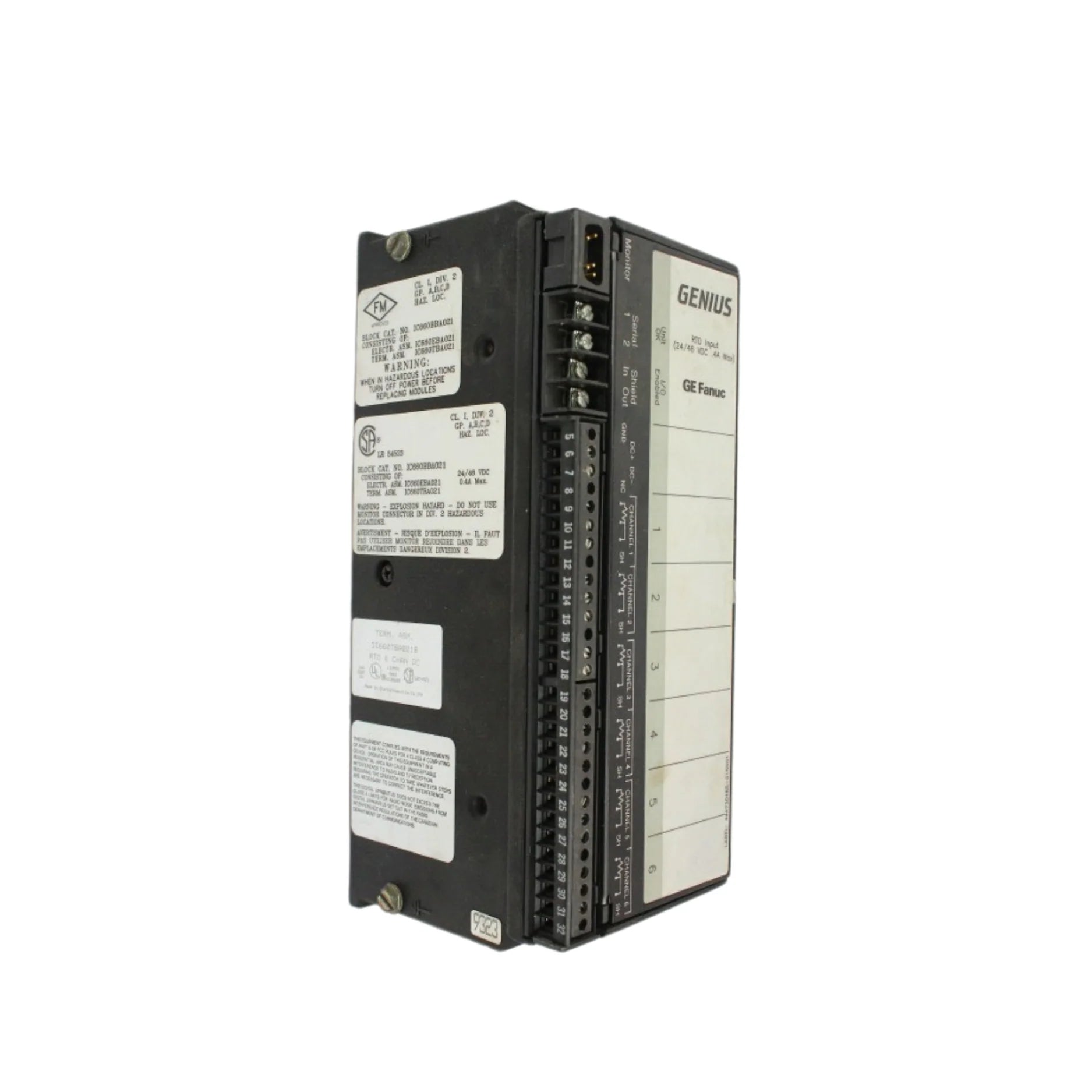 GE Fanuc IC660BBA021 RTD Input Block with 6 channels, 24/48 VDC power, and advanced diagnostics for industrial temperature monitoring.