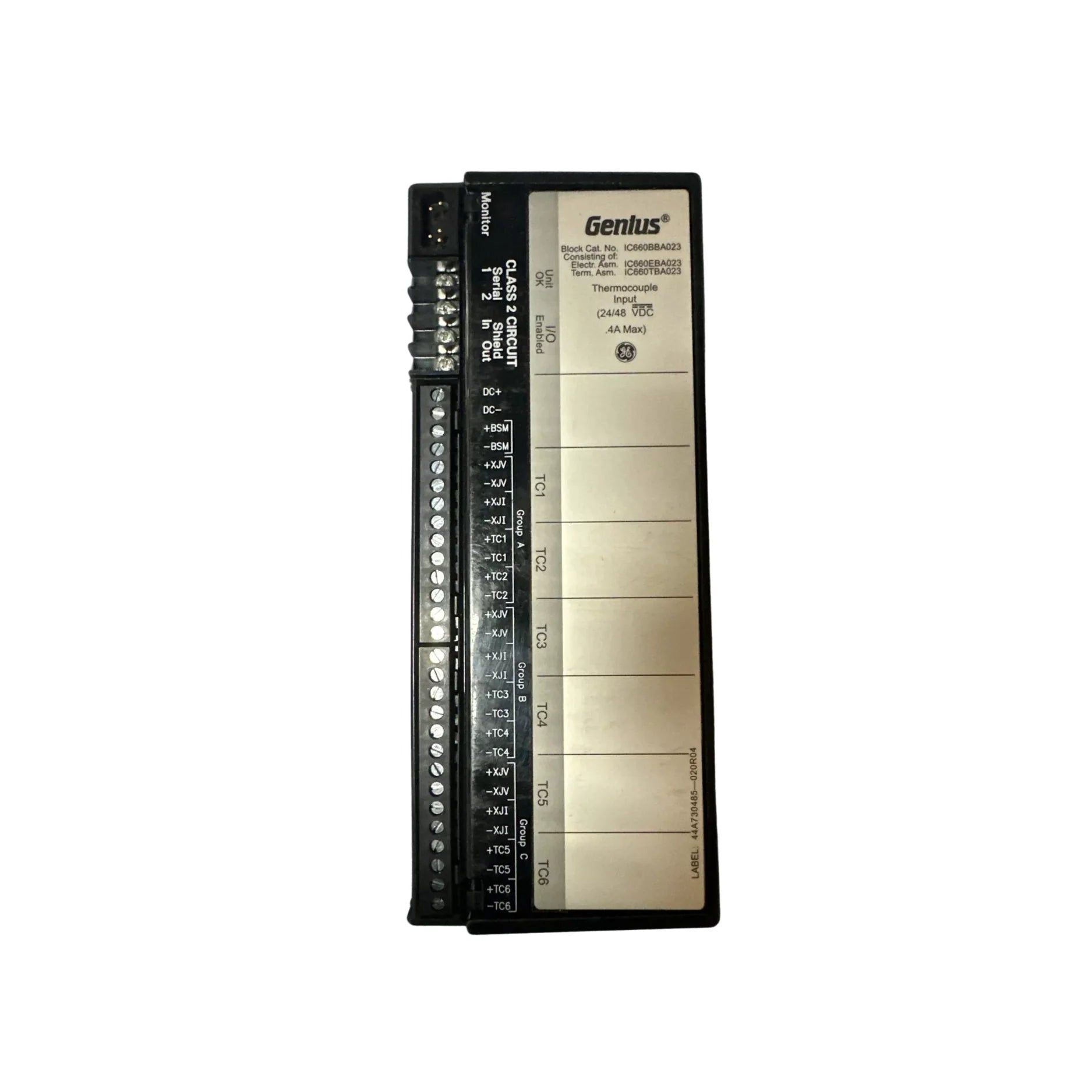 Genius I/O Thermocouple Input Block, 6-channel, supports J/K/T/E/B/R/S/N thermocouples, 24/48V DC.