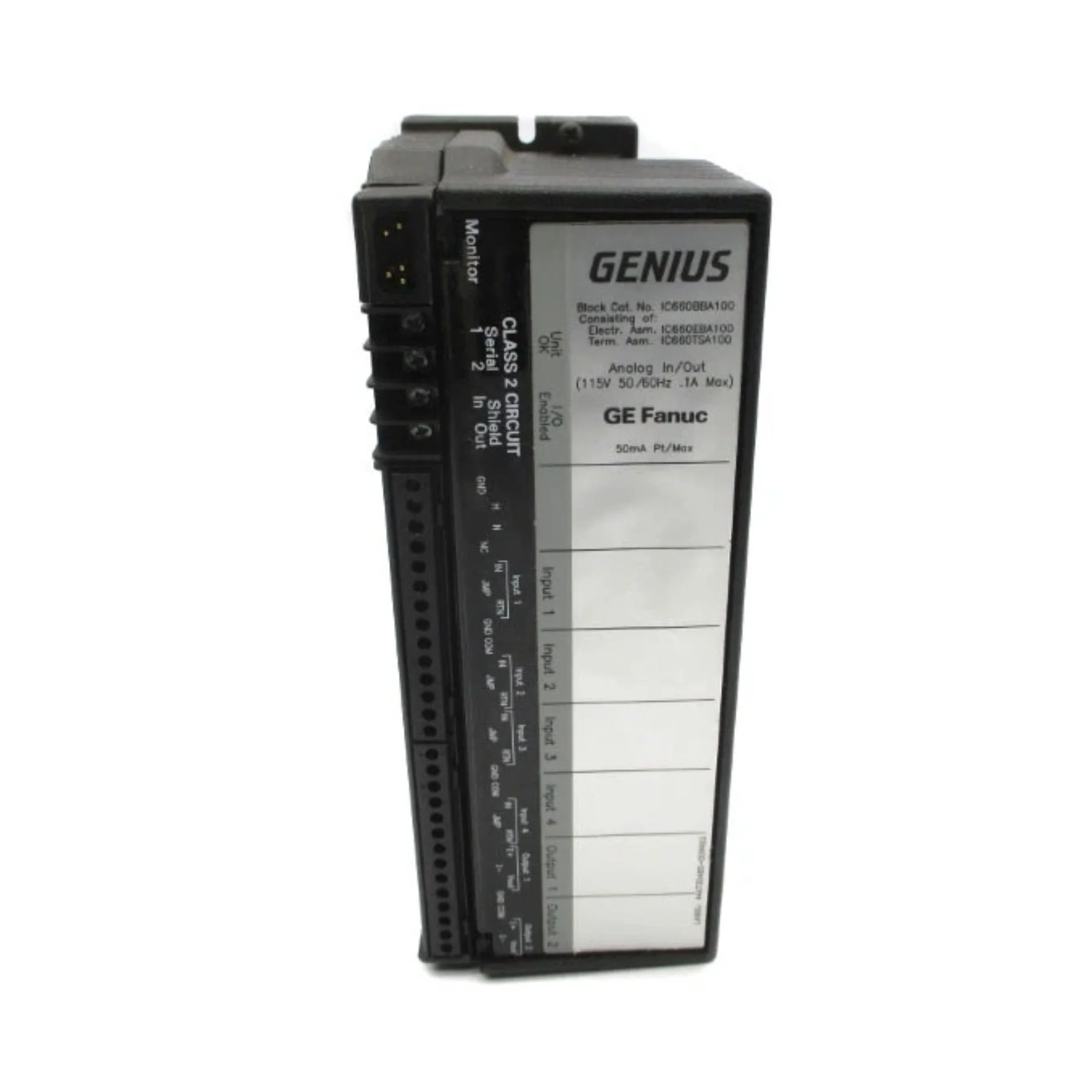 GE IC660BBA100 terminal base for IC660 Genius I/O blocks. Supports wiring and mounting for industrial automation modules.