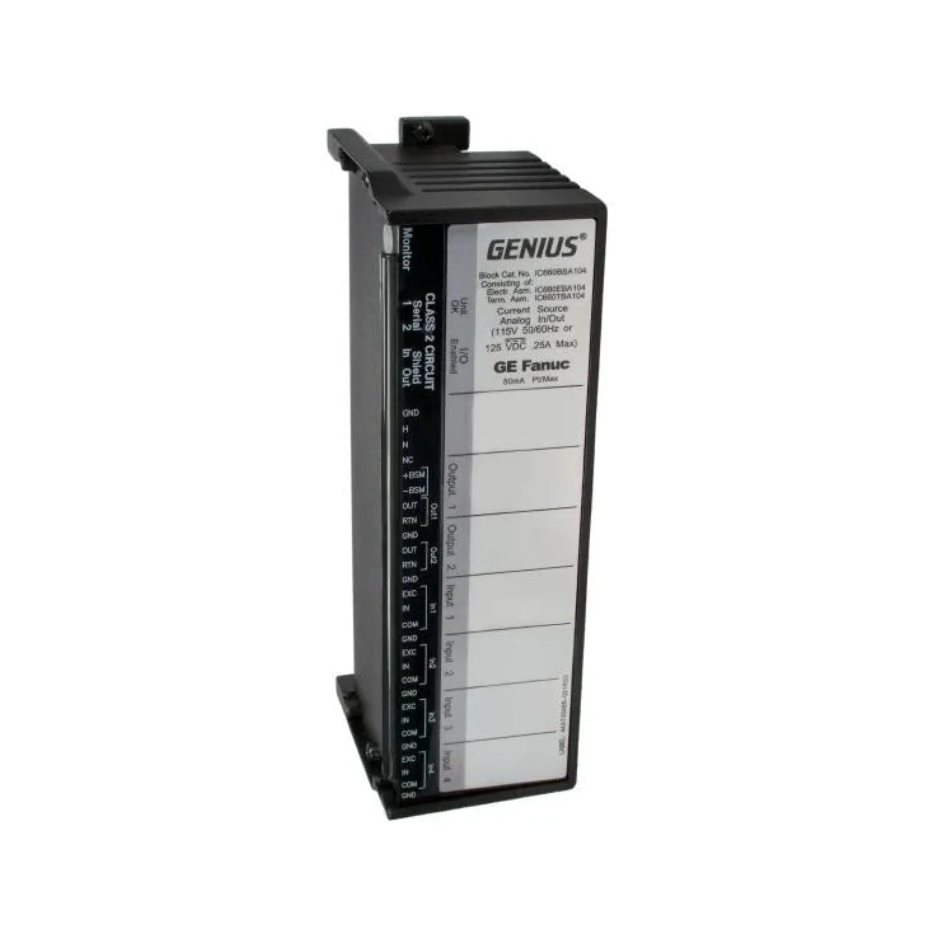 GE IC660BBA104 analog I/O block, 4 inputs and 2 outputs, 4–20 mA, 115 VAC / 125 VDC, Genius I/O module for industrial automation systems.