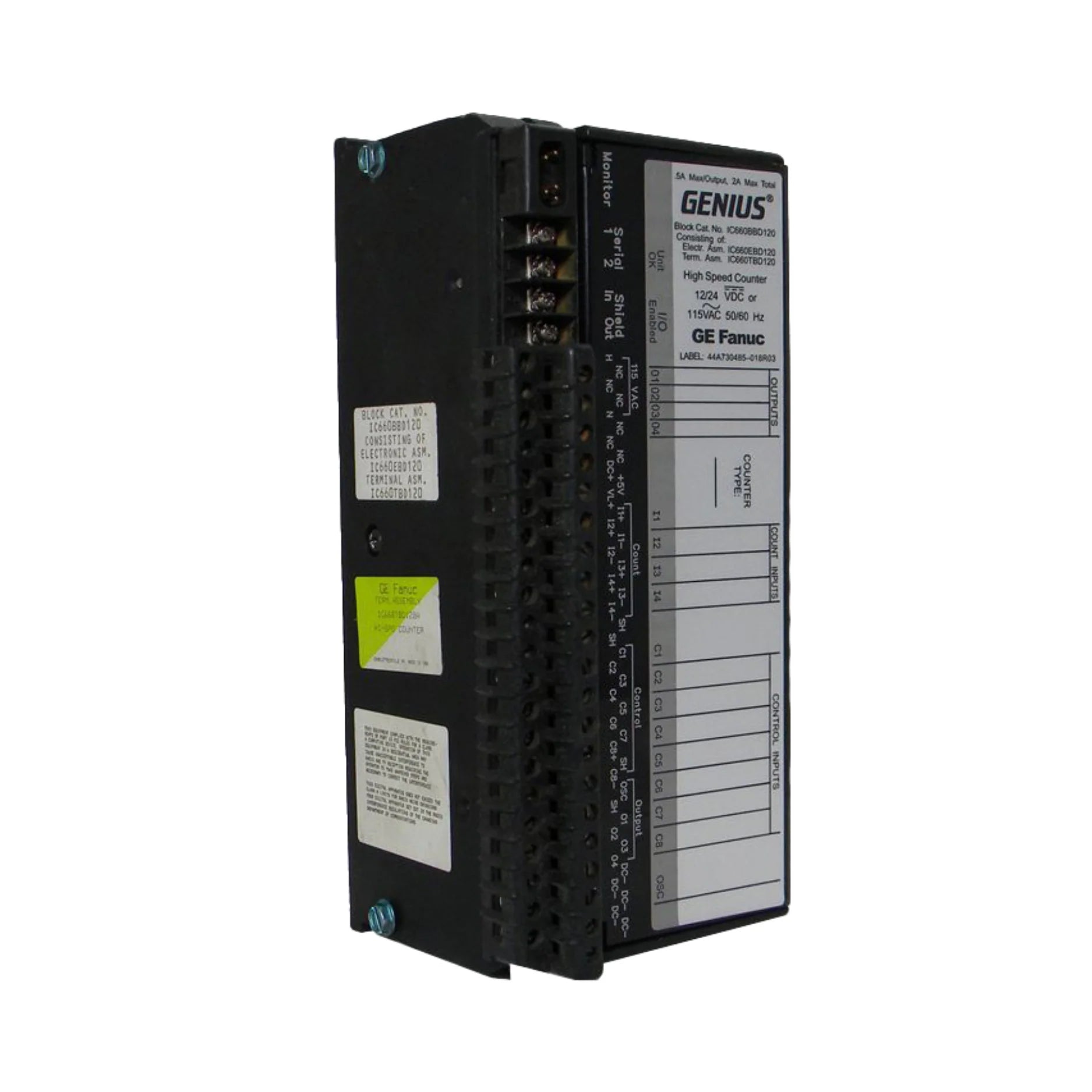 GE IC660BBD120 input block, 32-point 24 VDC sinking inputs, field-mountable Genius I/O module for industrial automation systems.