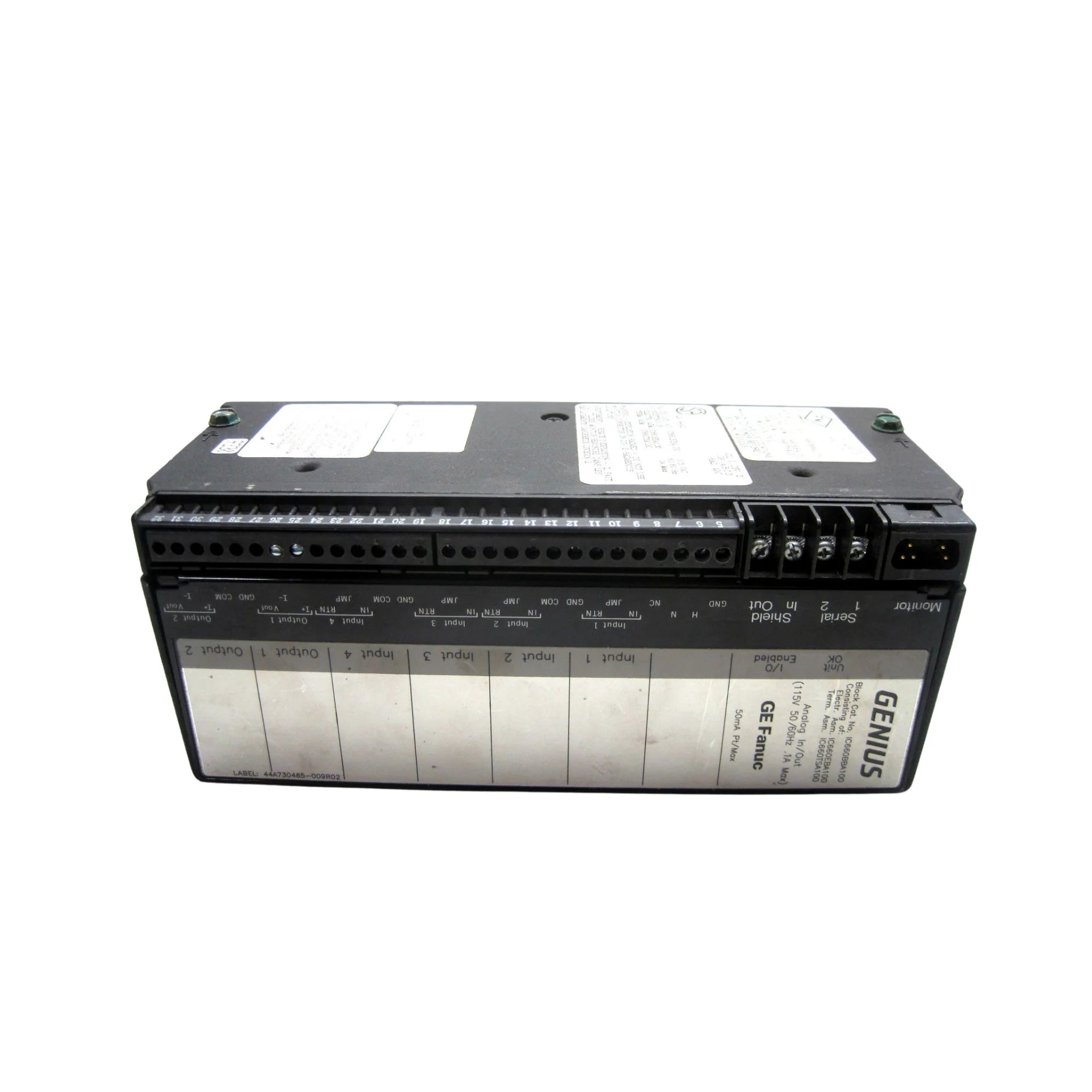GE IC660EBA100 analog I/O module, 4 inputs and 2 outputs, 115 VAC, Genius I/O module for industrial automation systems.