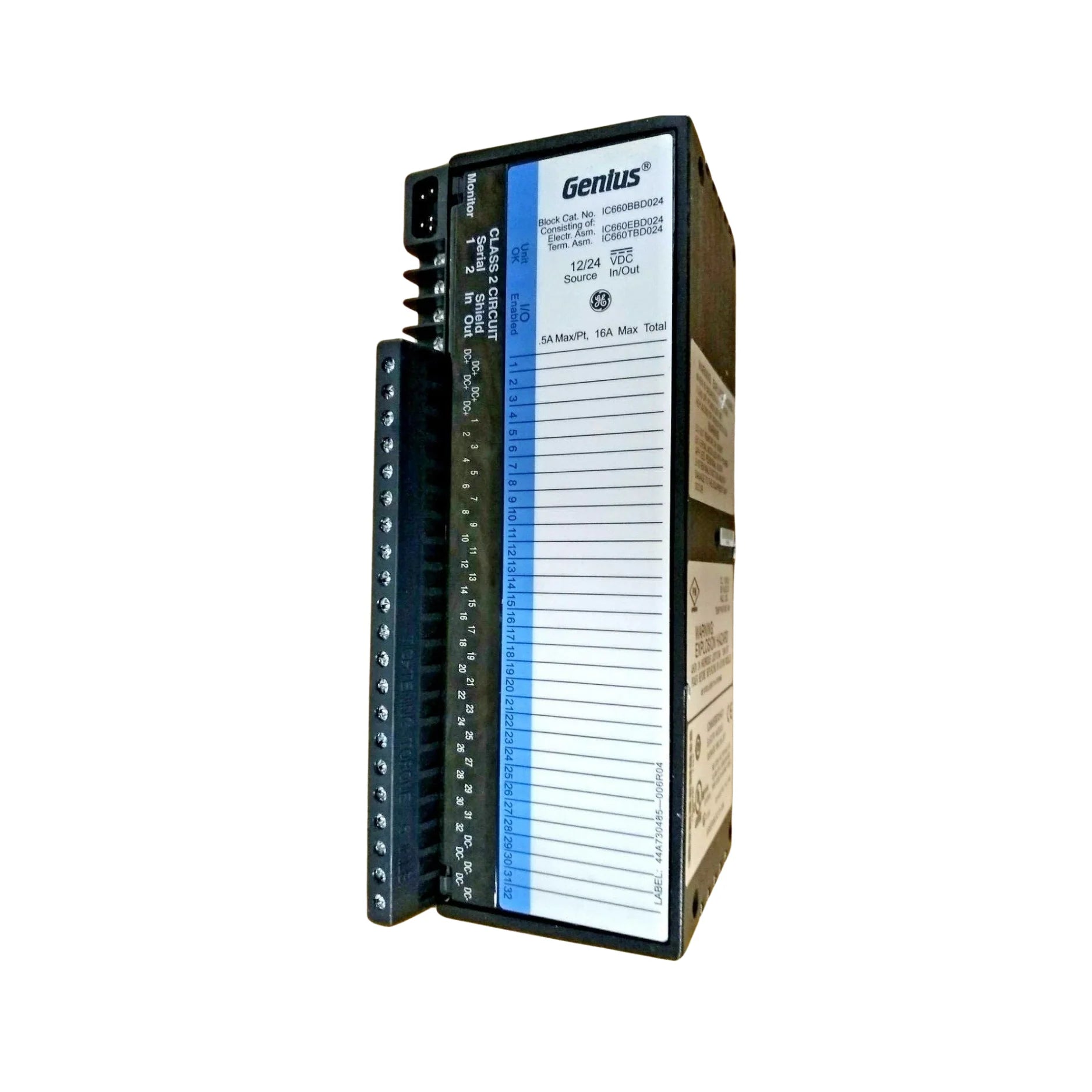 GE Fanuc IC660TBD024 terminal assembly, 32 configurable circuits, 10–30 VDC operation, 850V isolation, for Genius I/O systems.