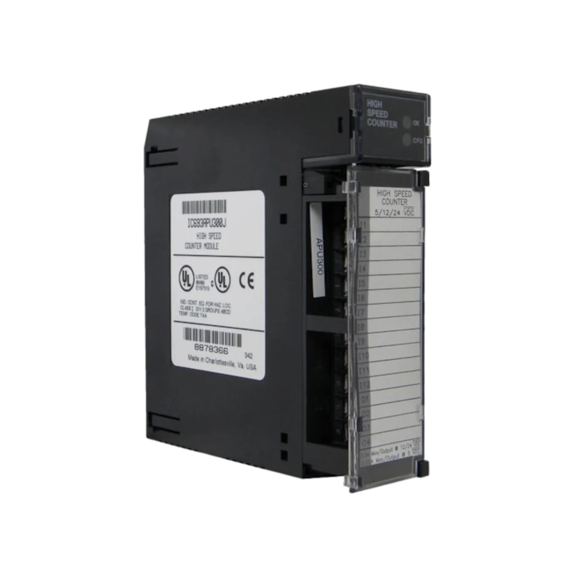 GE IC693APU300 high-speed counter module for Series 90-30, 2 channels, 500 kHz input, 12–24VDC, quadrature and pulse compatible.