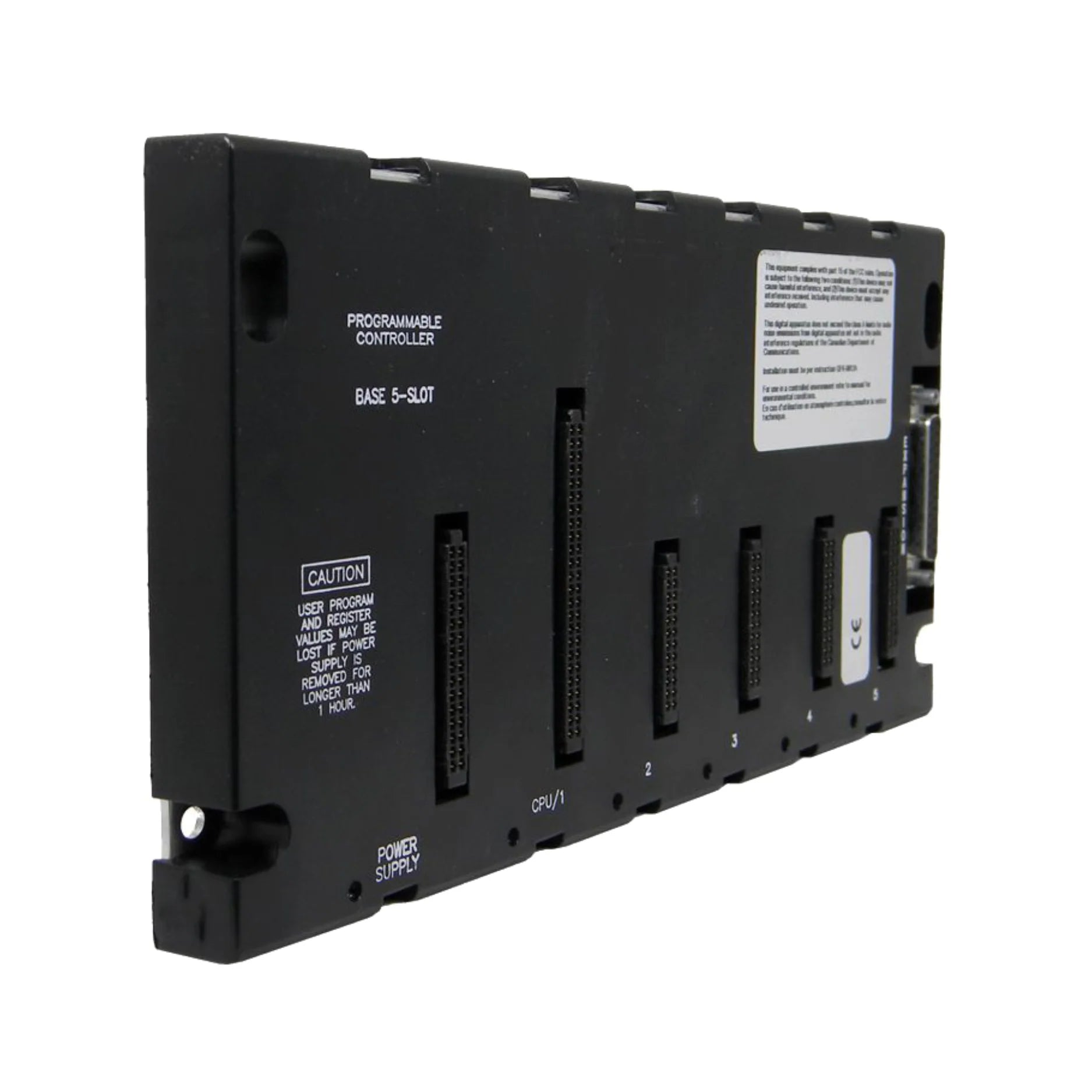 GE IC693CHS397 5-slot baseplate for Series 90-30 PLCs, supports CPU and I/O modules, compact standard rack for industrial automation.