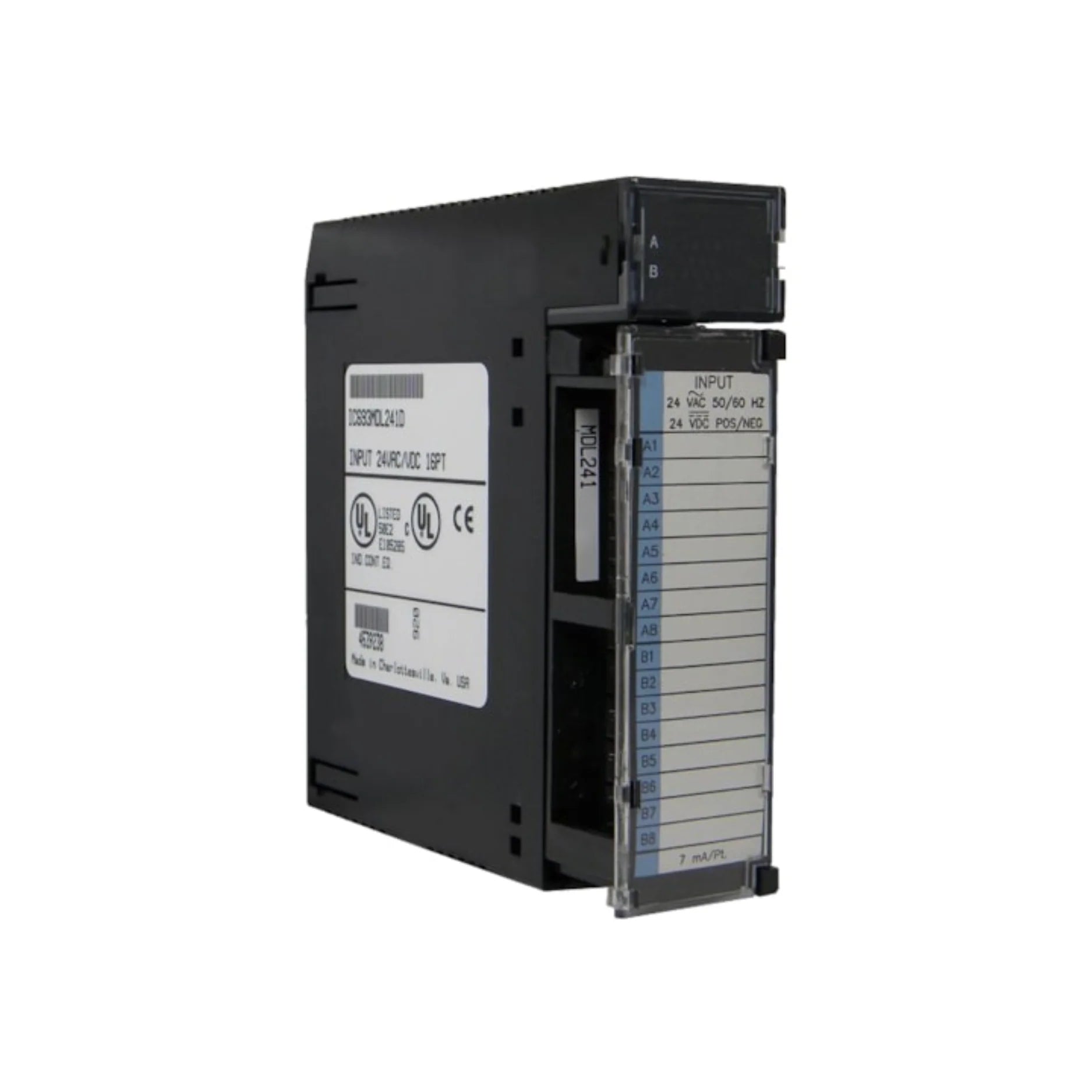 GE IC693MDL241 8-point 24VDC sourcing output module for Series 90-30, positive logic, with LED indicators and overload protection.