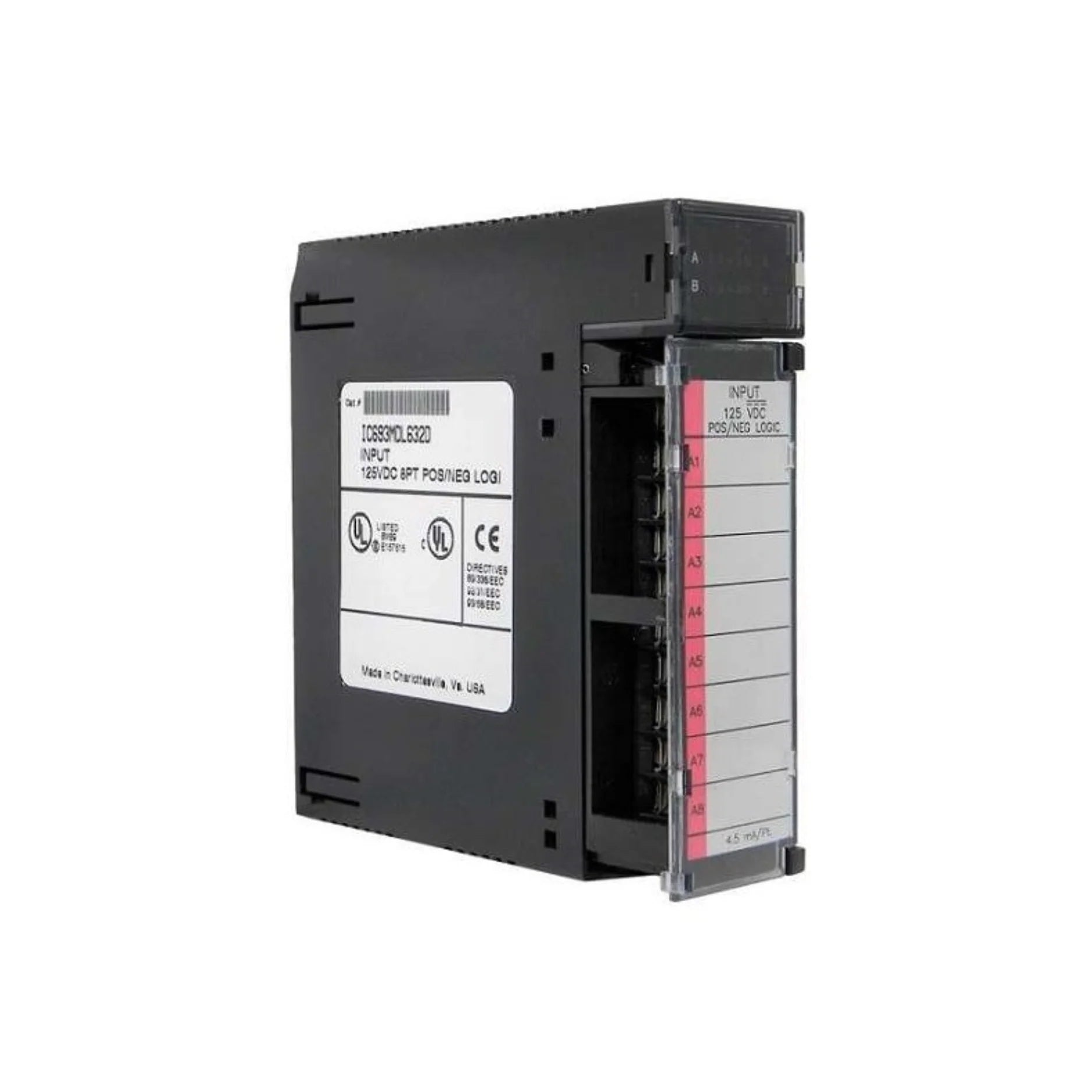 GE IC693MDL632 16-point 24VDC sinking input module for Series 90-30, with negative logic and LED indicators.