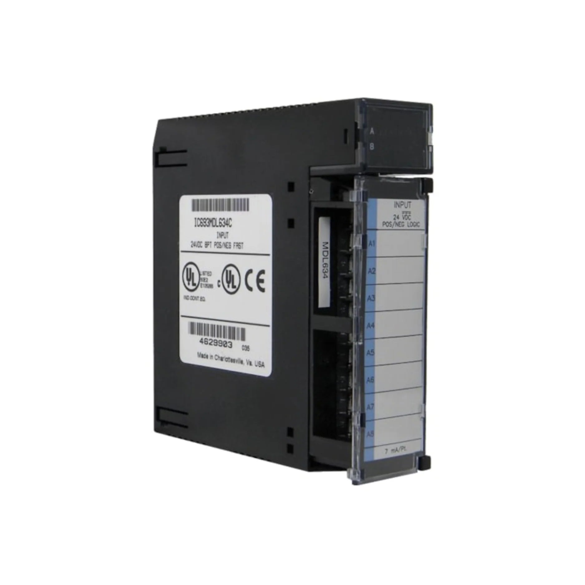 GE IC693MDL634 24VDC 16-point input module for Series 90-30 PLCs, supports positive/negative logic, with status LEDs.