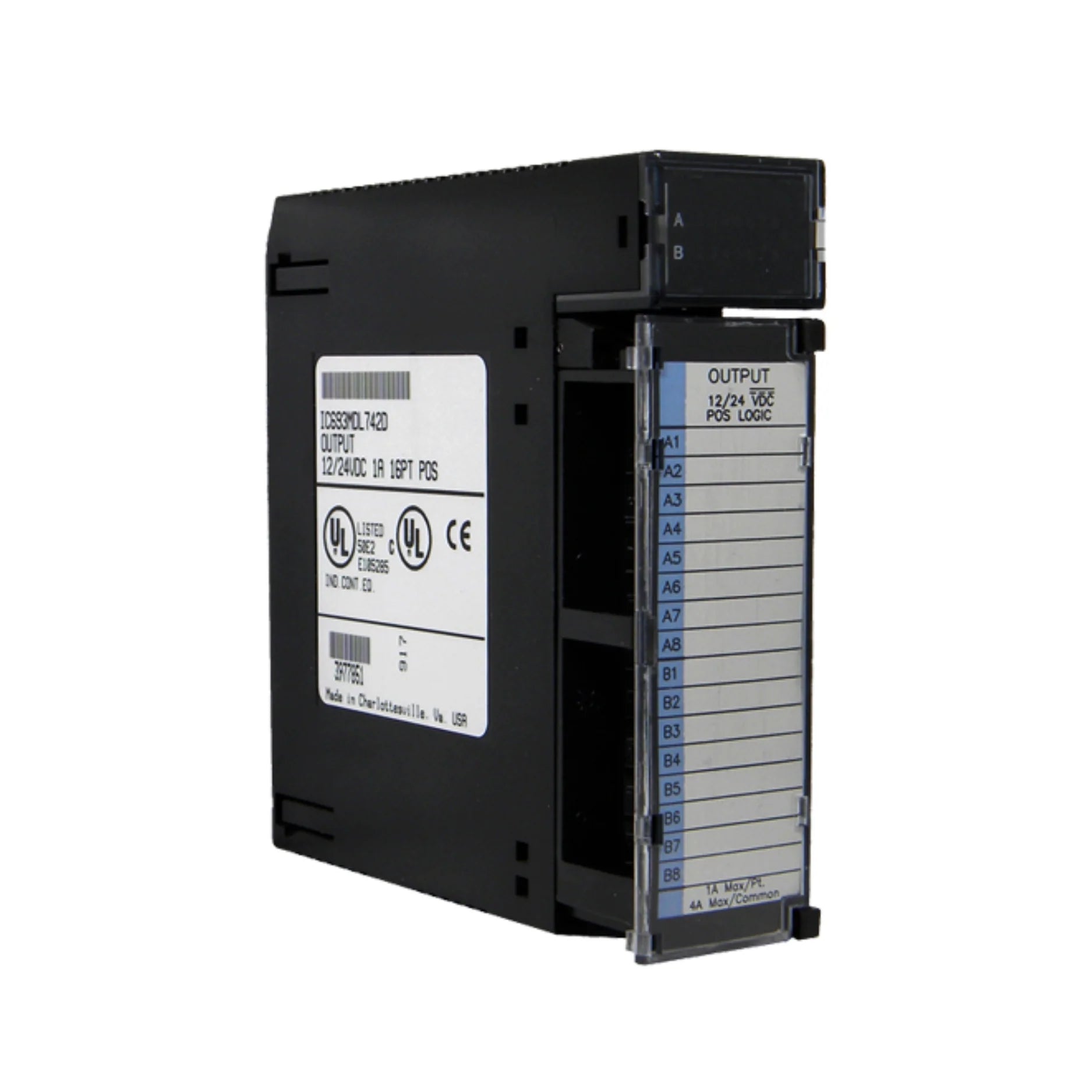 GE IC693MDL742 16-point 12/24VDC sourcing output module for Series 90-30 PLCs, with LED indicators and built-in protection.