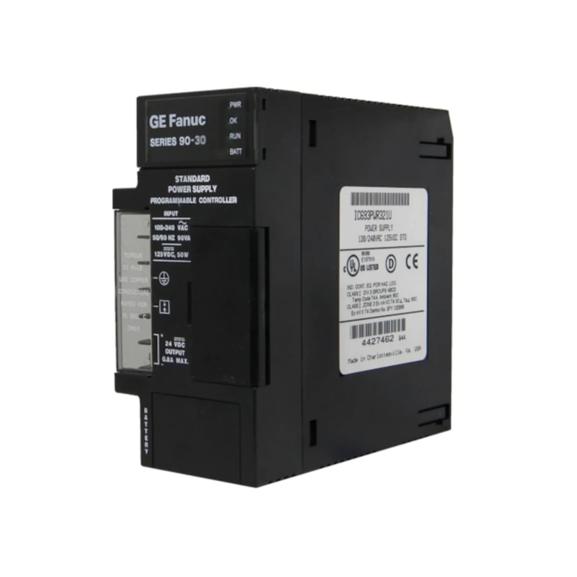 GE IC693PWR321 30W power supply for Series 90-30, accepts 120/240VAC or 125VDC, provides +5V and +24V outputs.