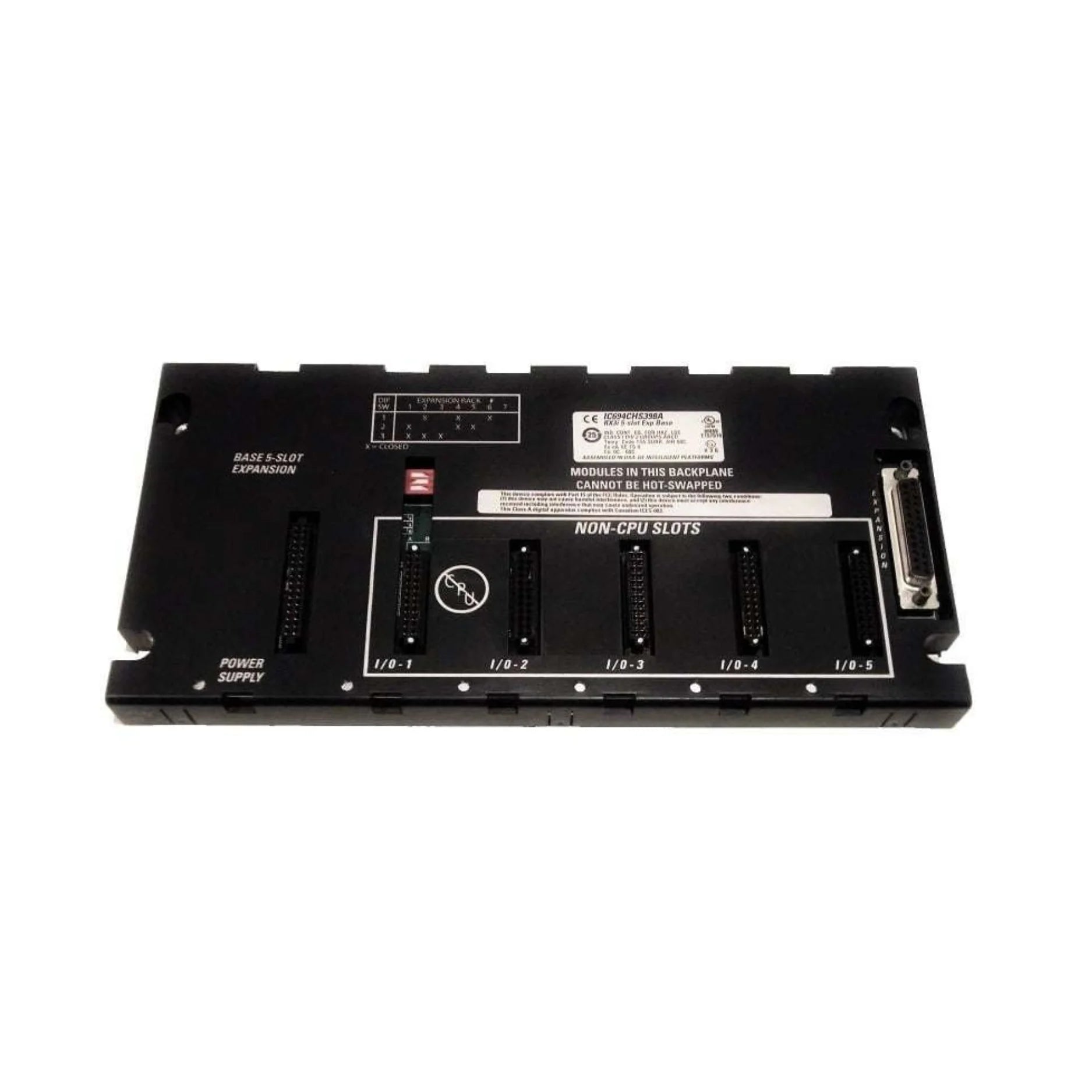 GE IC694CHS398 5-slot RX3i serial expansion baseplate for remote I/O modules in PACSystems automation platforms.