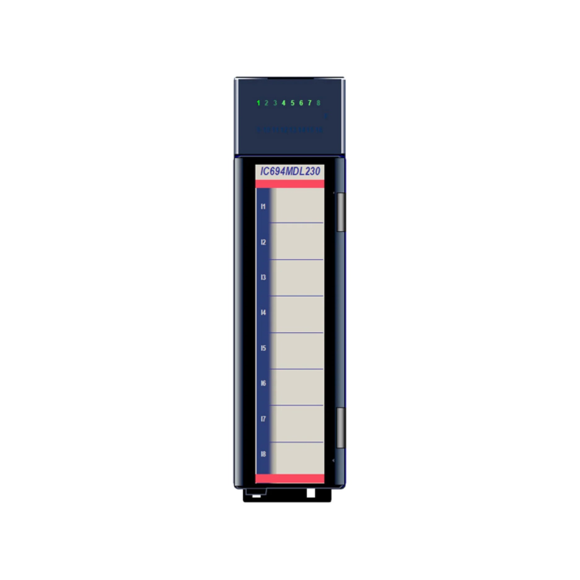 GE IC694MDL230 120VAC output module with 16 triac channels for RX3i systems, group-isolated for industrial AC load switching.