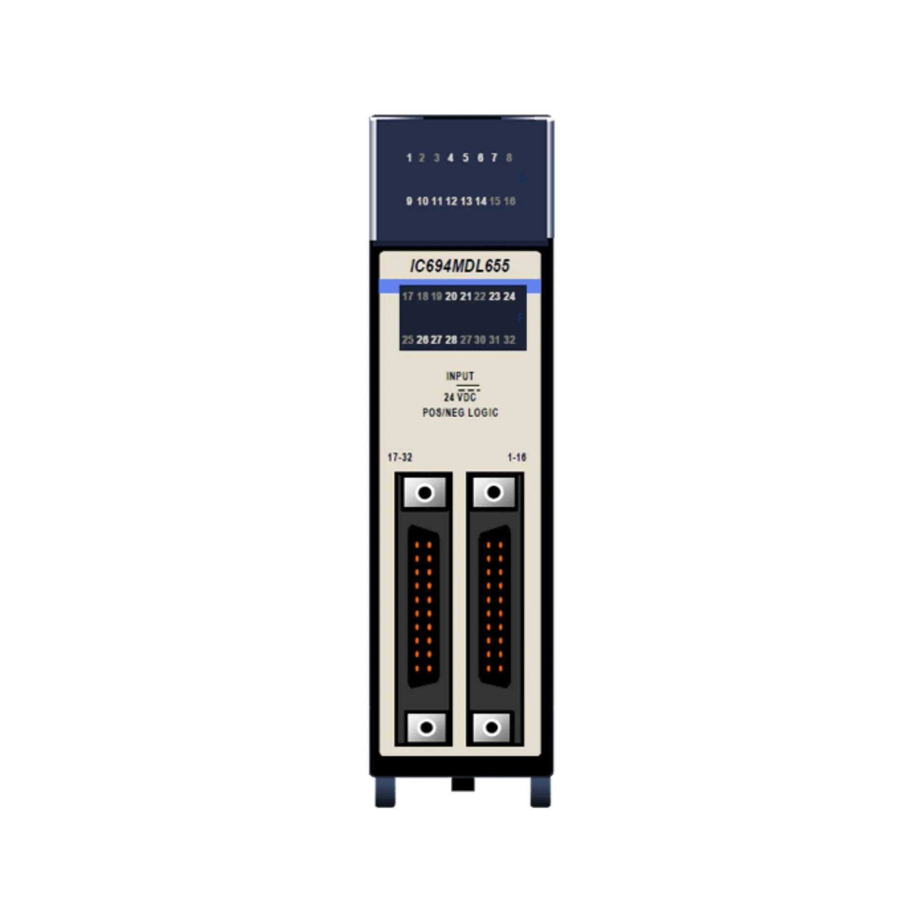 GE IC694MDL655 16-point 125VDC input module for RX3i, positive logic, group-isolated with LED status indicators.