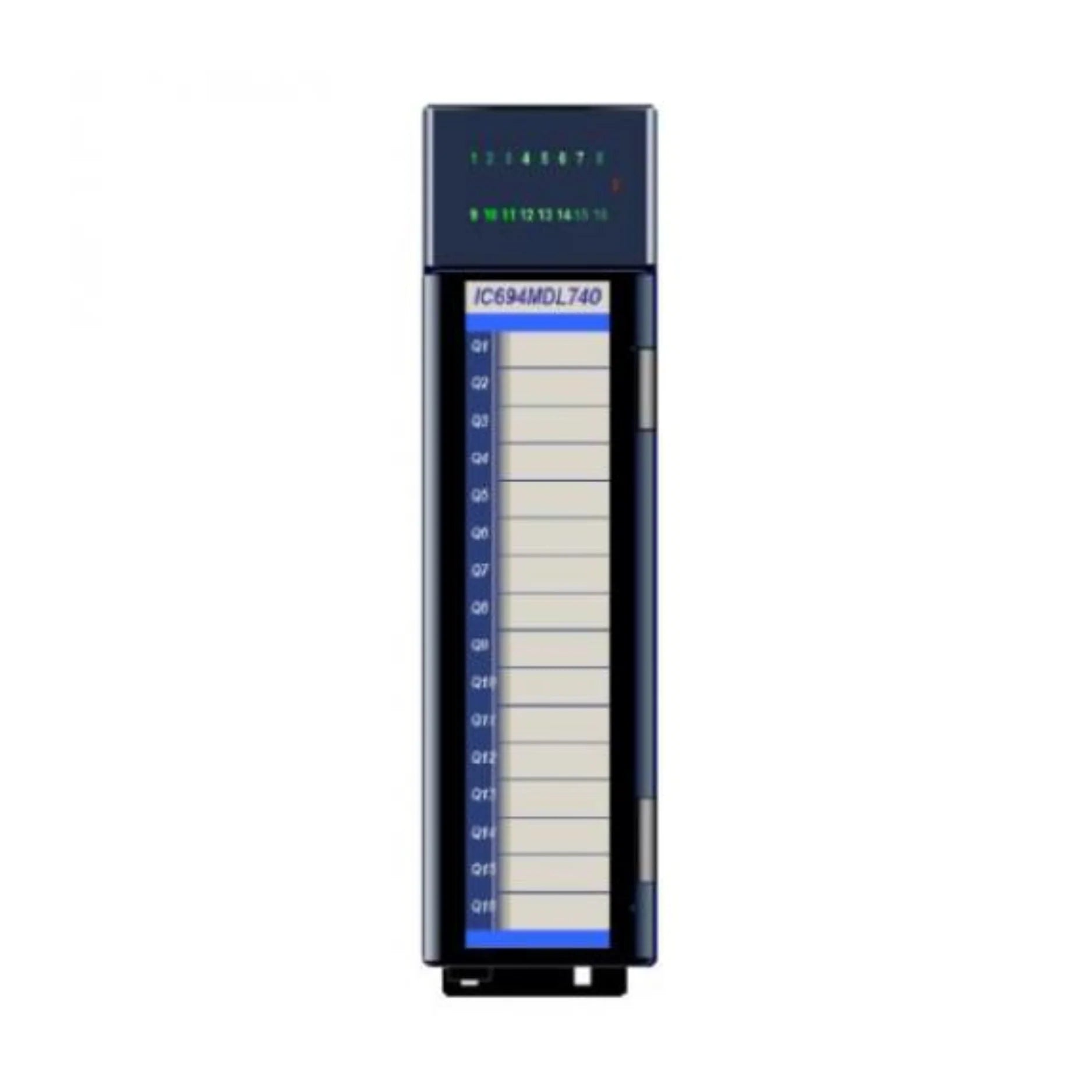 GE IC694MDL740 32-point 24VDC sinking output module for RX3i, negative logic, group-isolated with status LEDs.